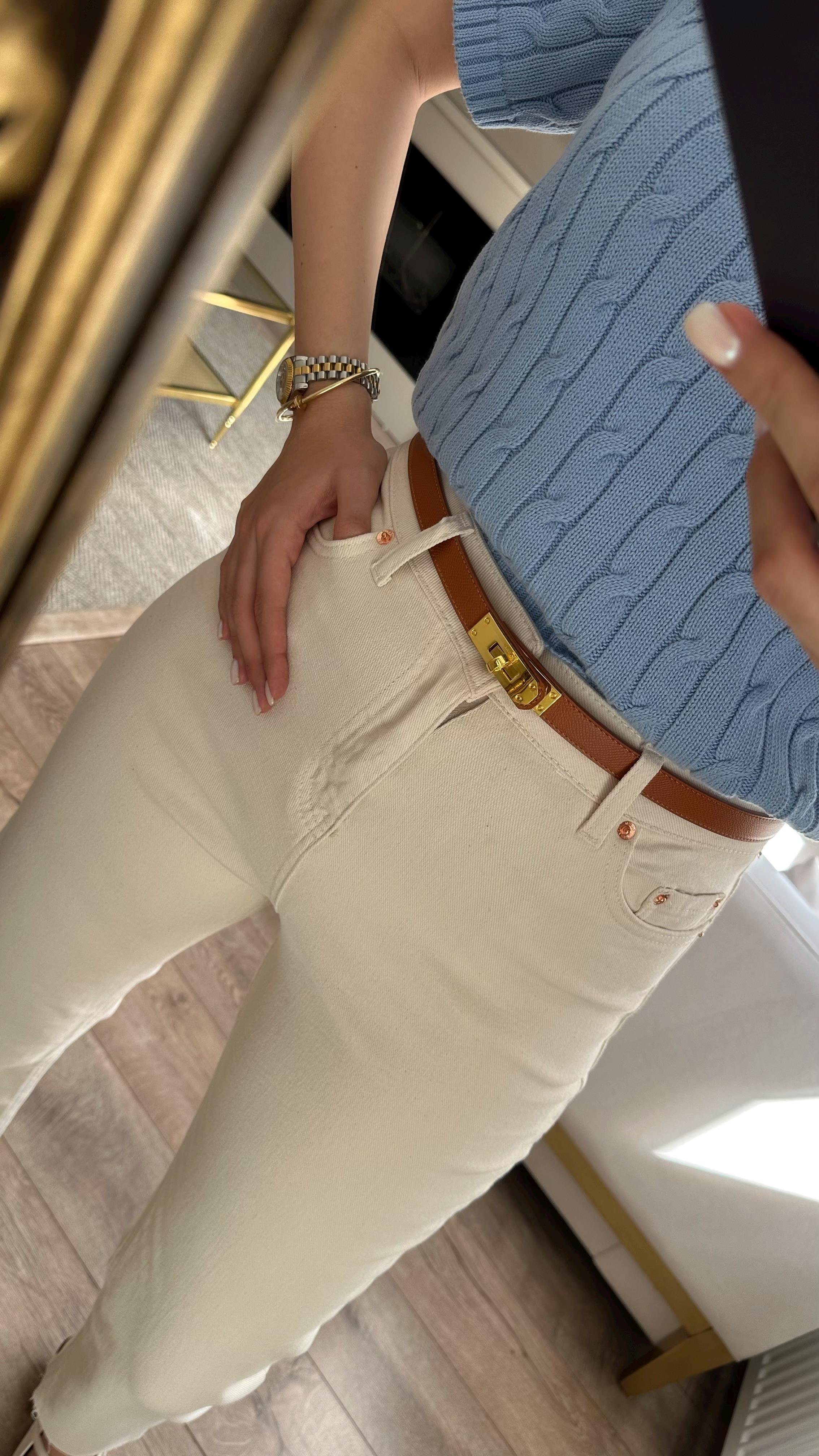 Likralı Ekru Momfit Jean