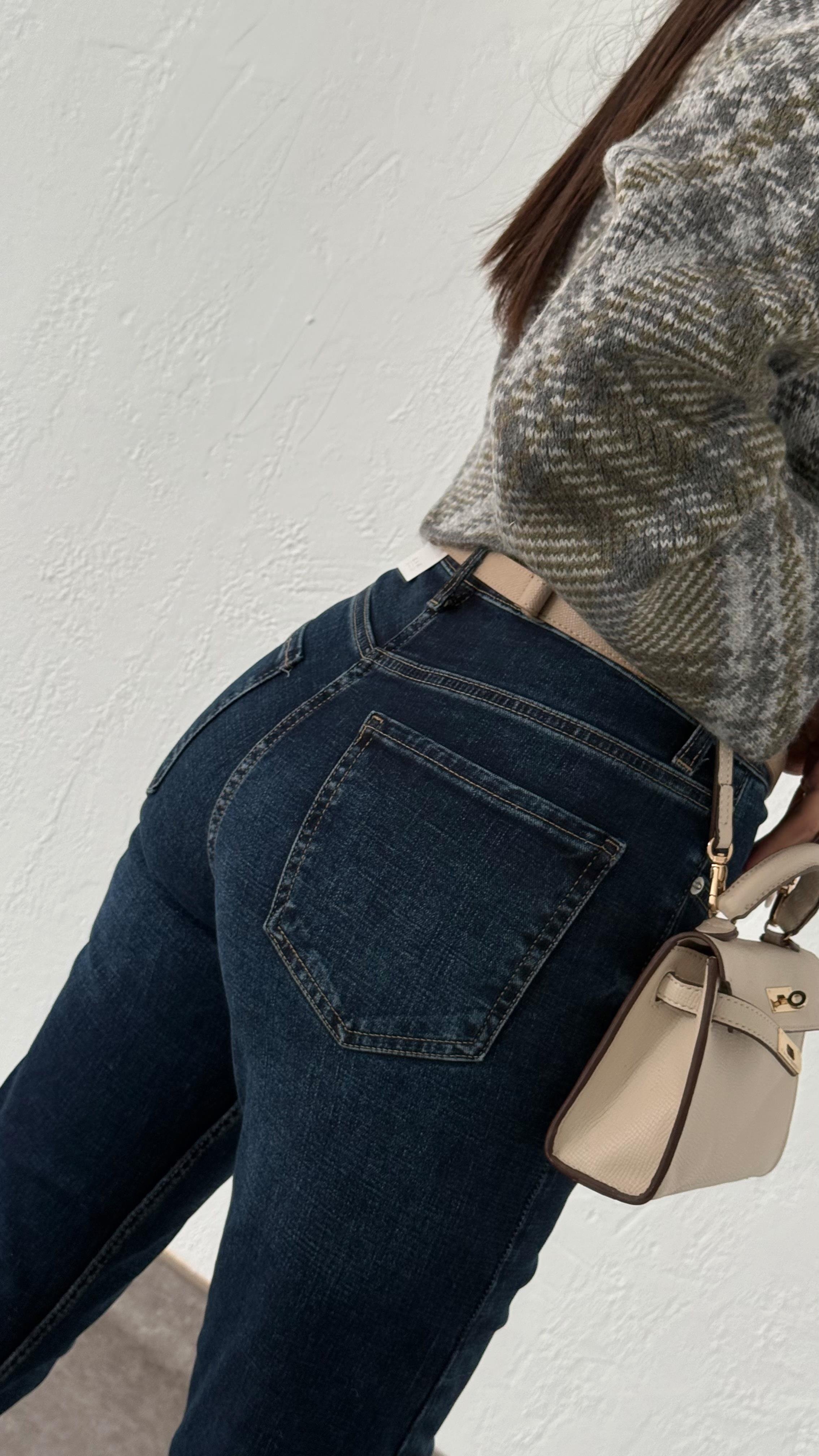 Likralı Koyu Mavi Mom Jean