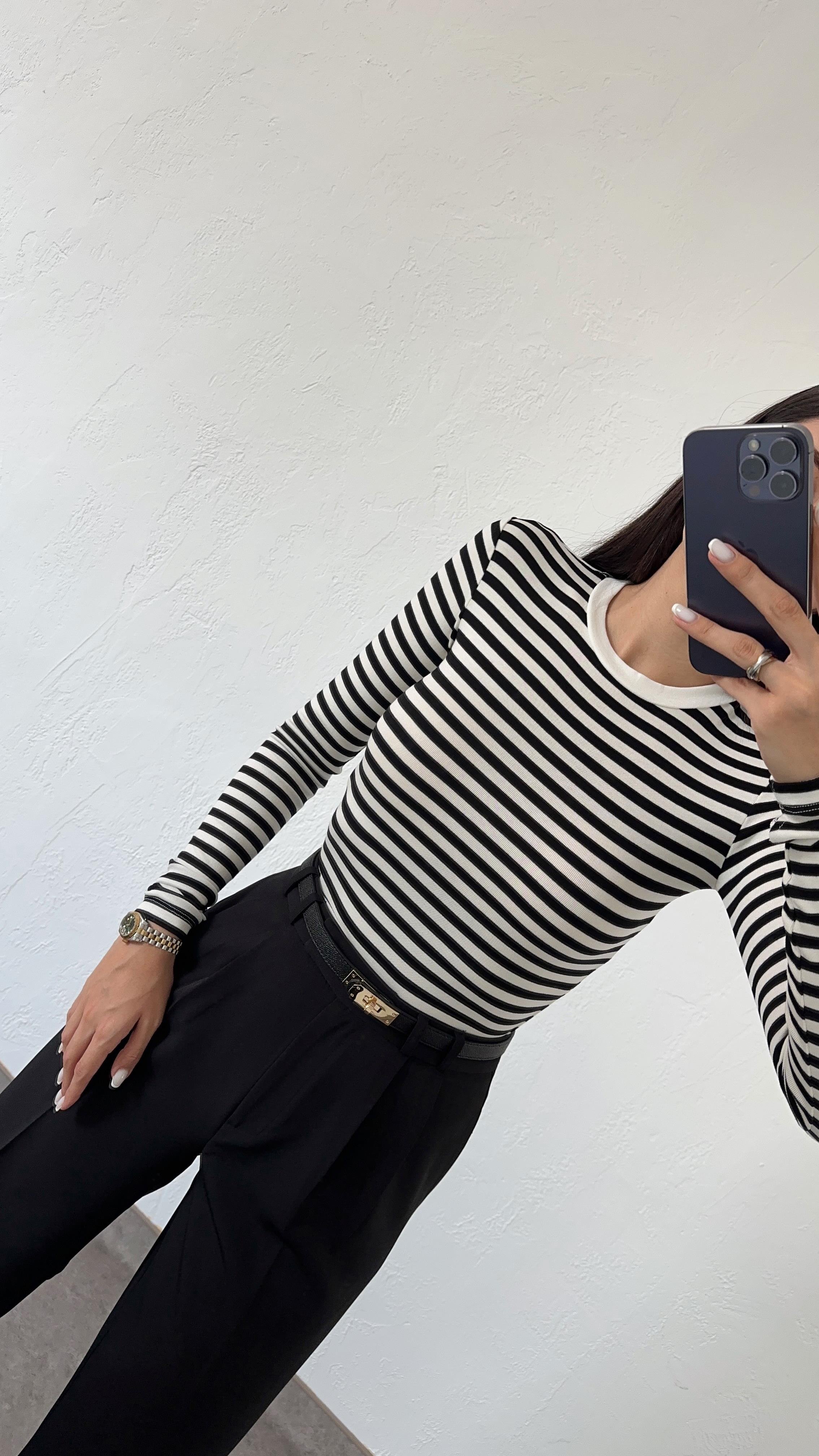 Likralı Soft Touch Çizgili Basic Bluz