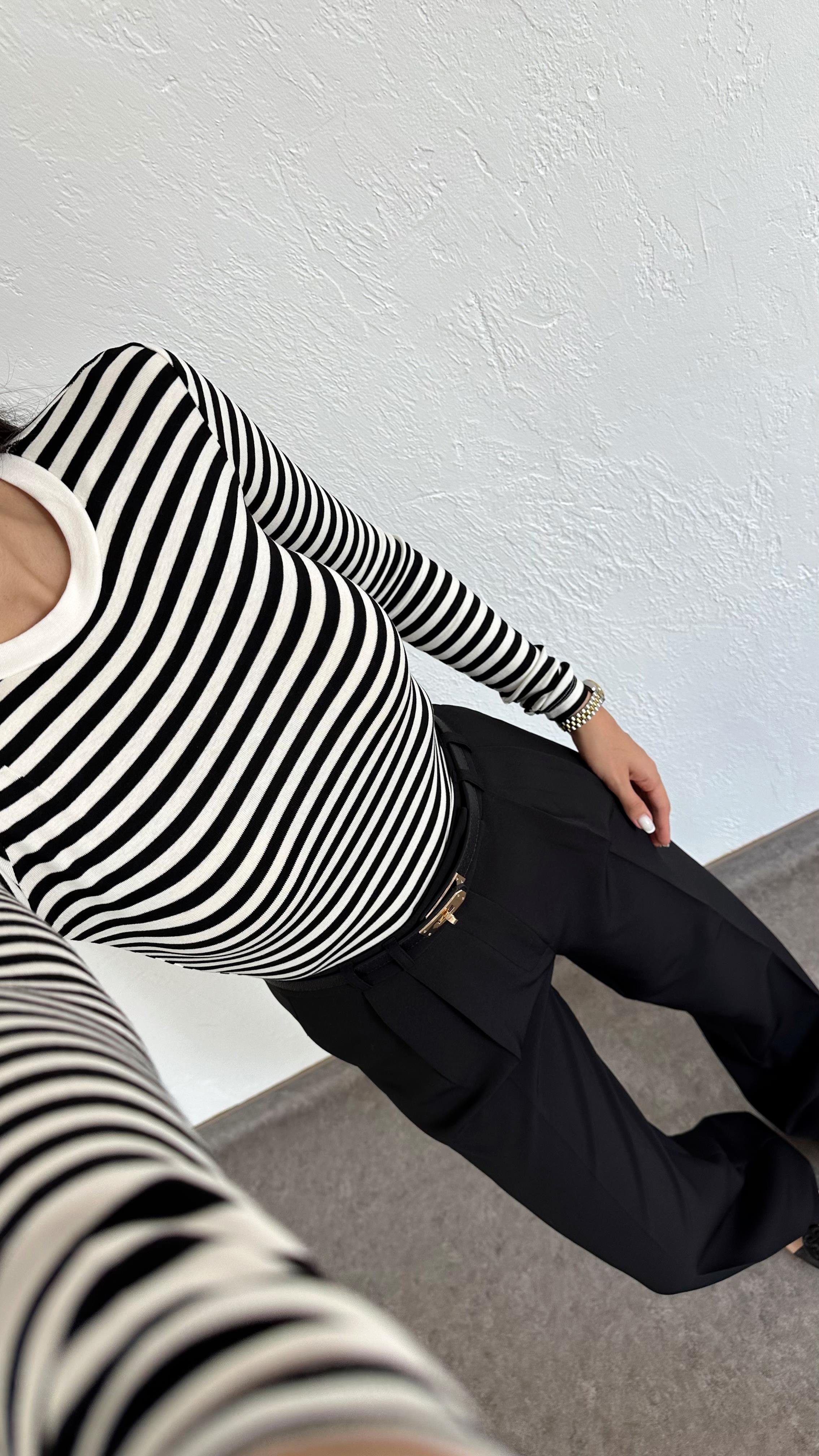 Likralı Soft Touch Çizgili Basic Bluz