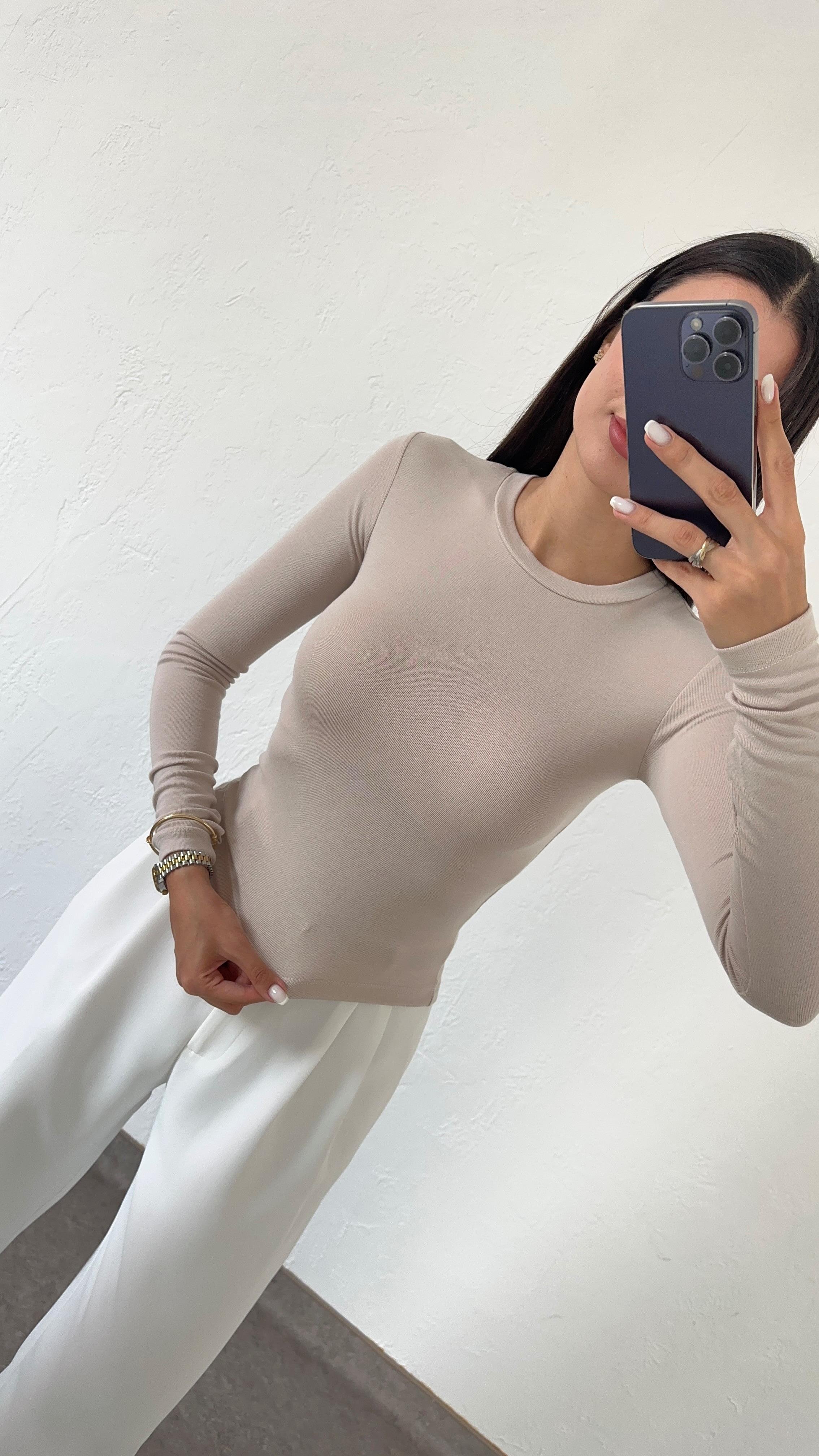 Likralı Soft Touch Krem Basic Bluz