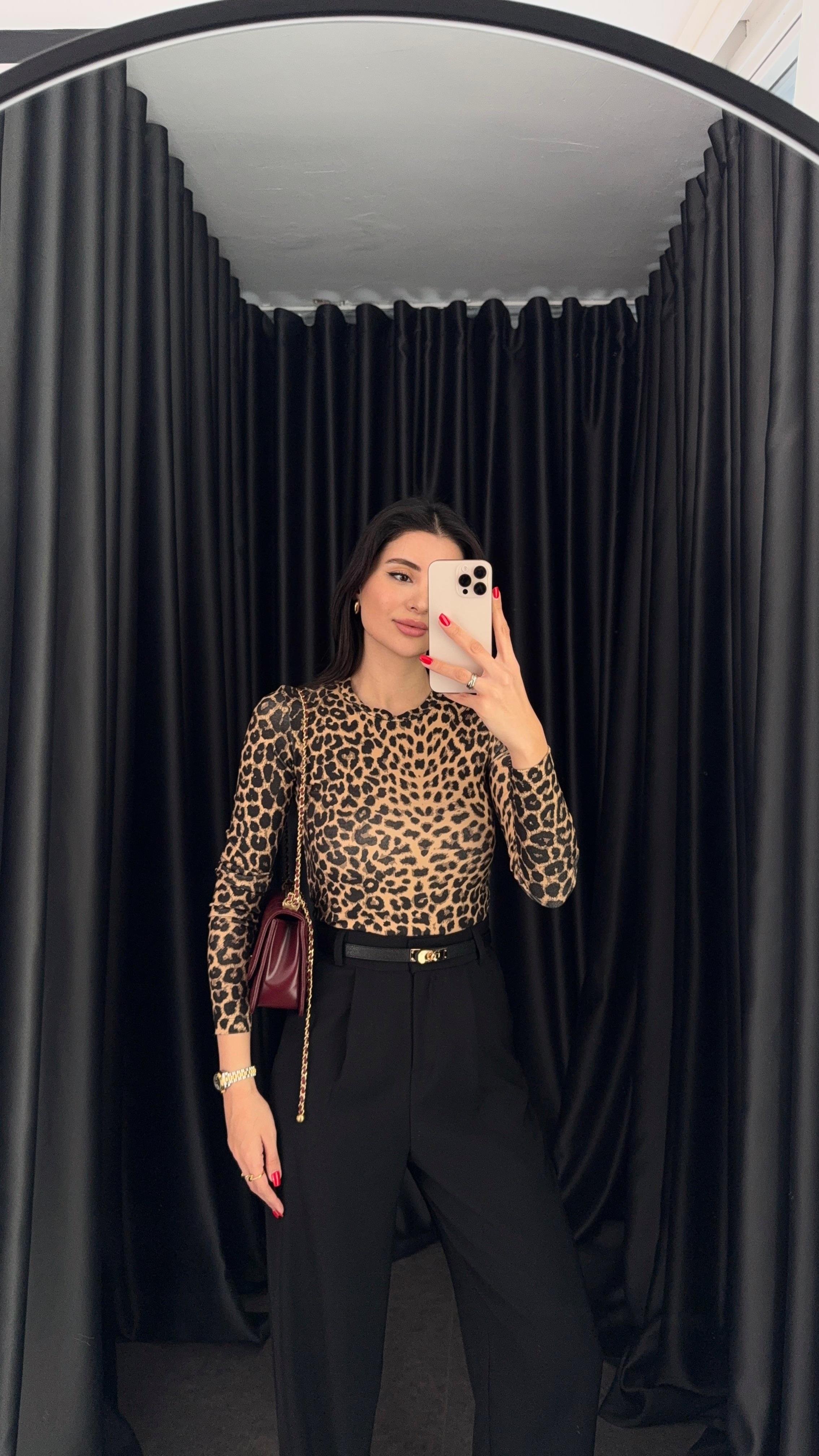Likralı Soft Touch Leopar Basic Bluz