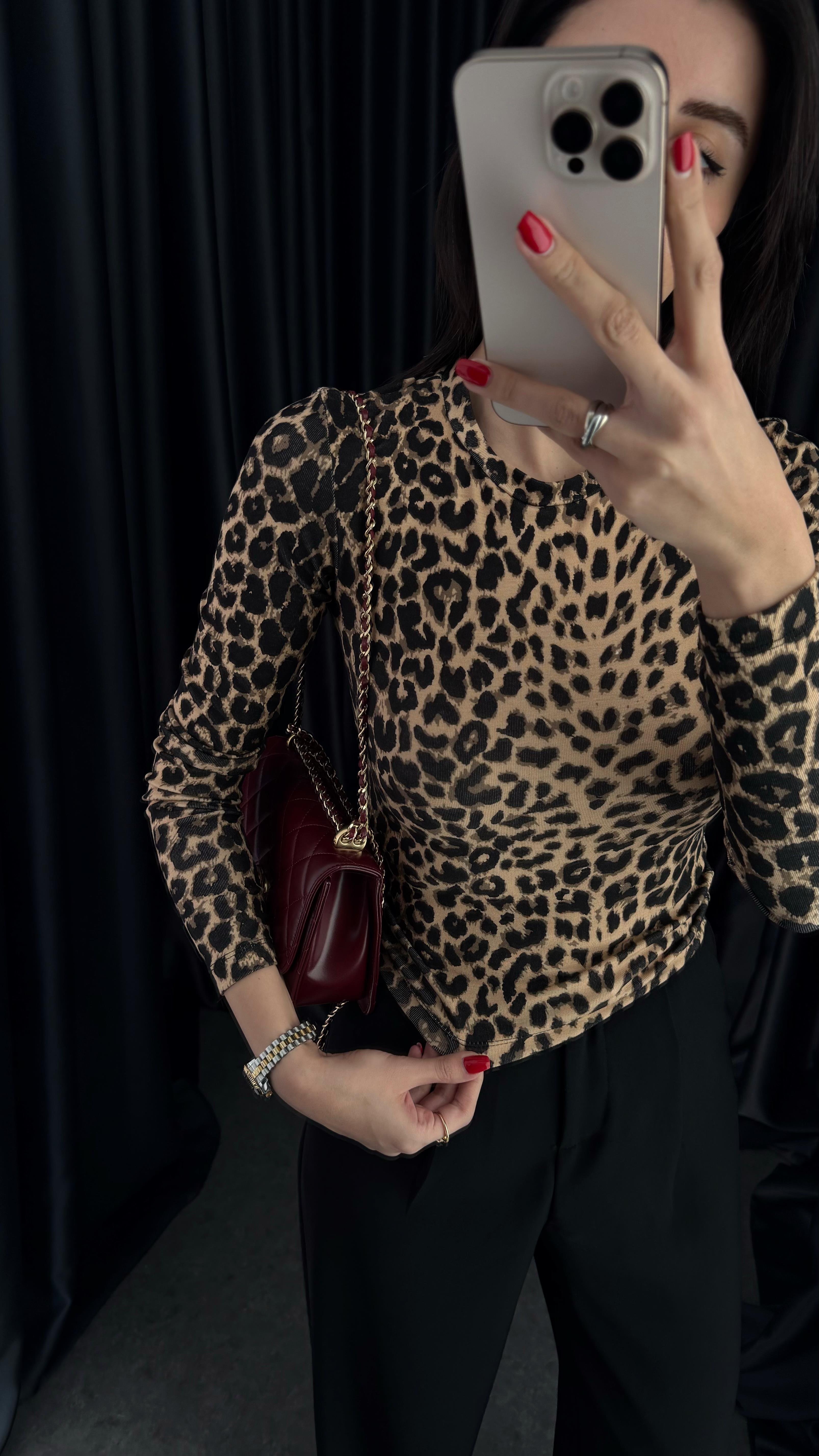 Likralı Soft Touch Leopar Basic Bluz