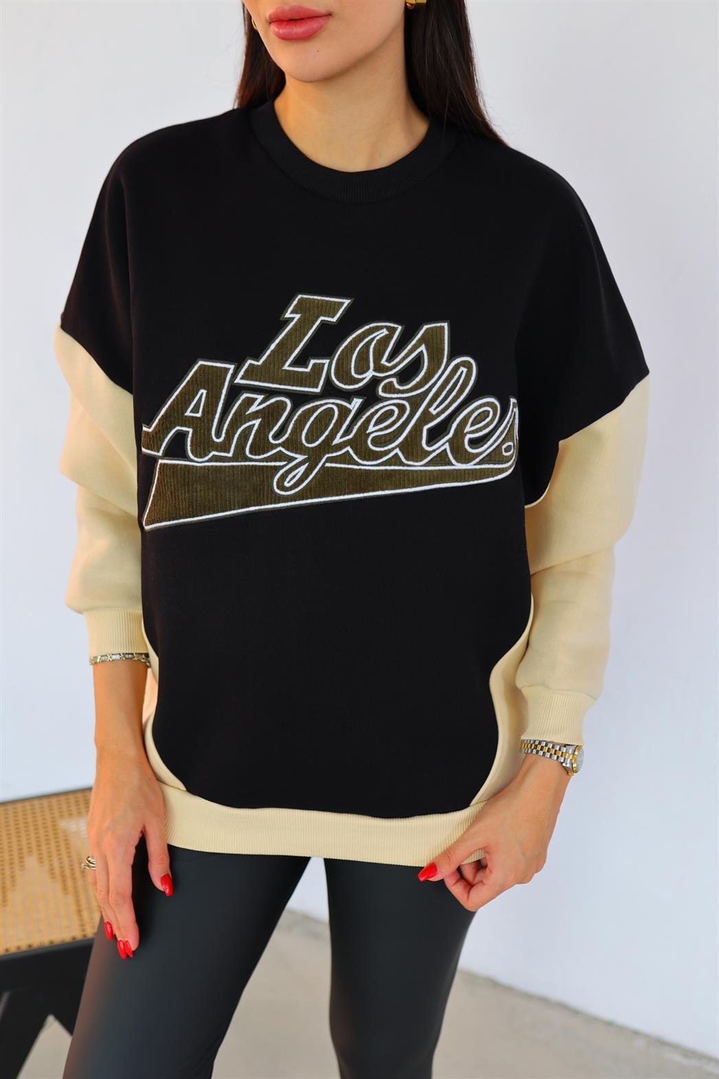 Los Angeles Kadife Nakışlı Siyah Sweat