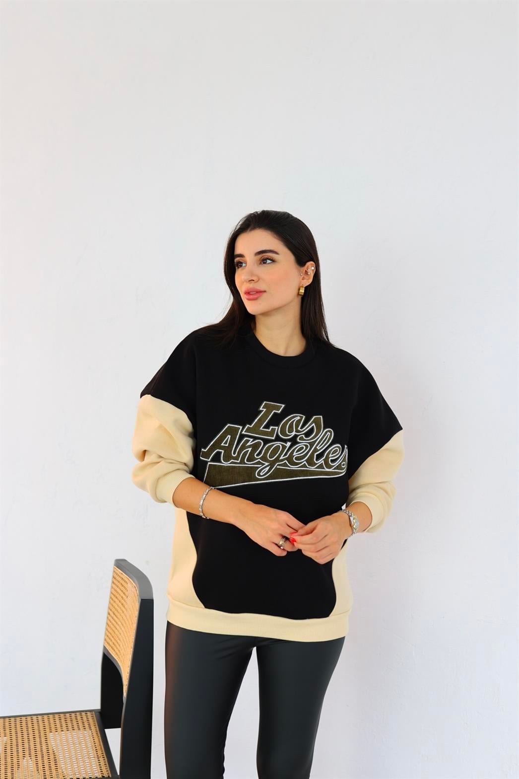 Los Angeles Kadife Nakışlı Siyah Sweat