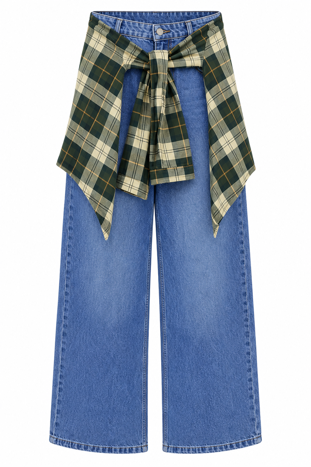 Mavi Ekose Kuşak Bağlamalı Wide Leg Jean