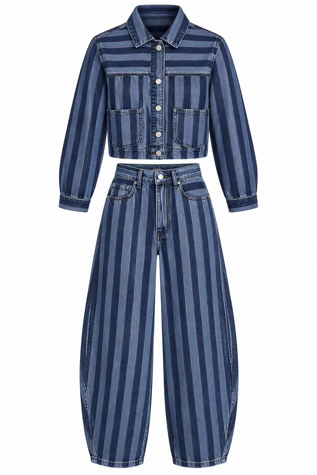 Mavi Şeritli Denim Ceket-Balon Jean Takım