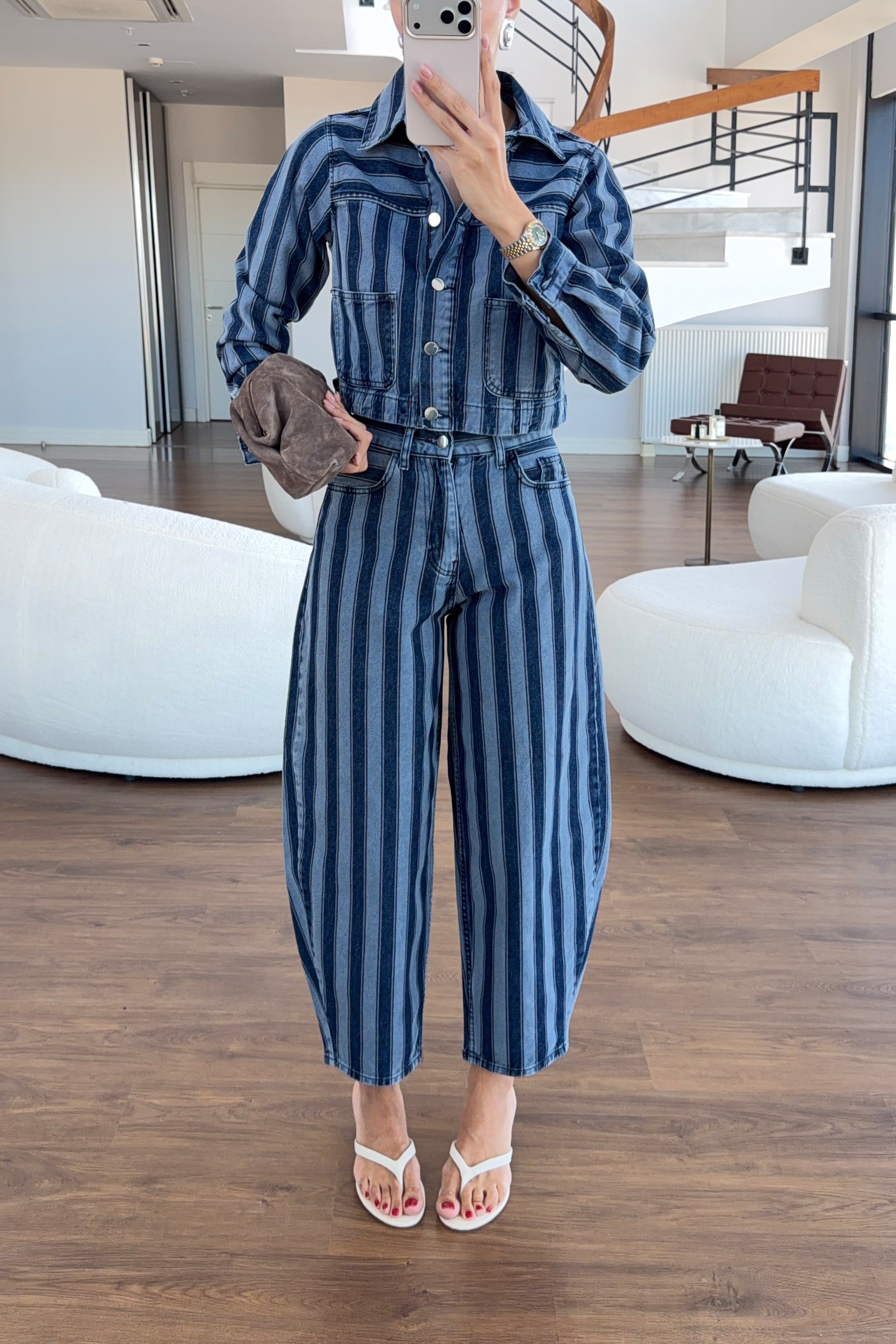 Mavi Şeritli Denim Ceket-Balon Jean Takım