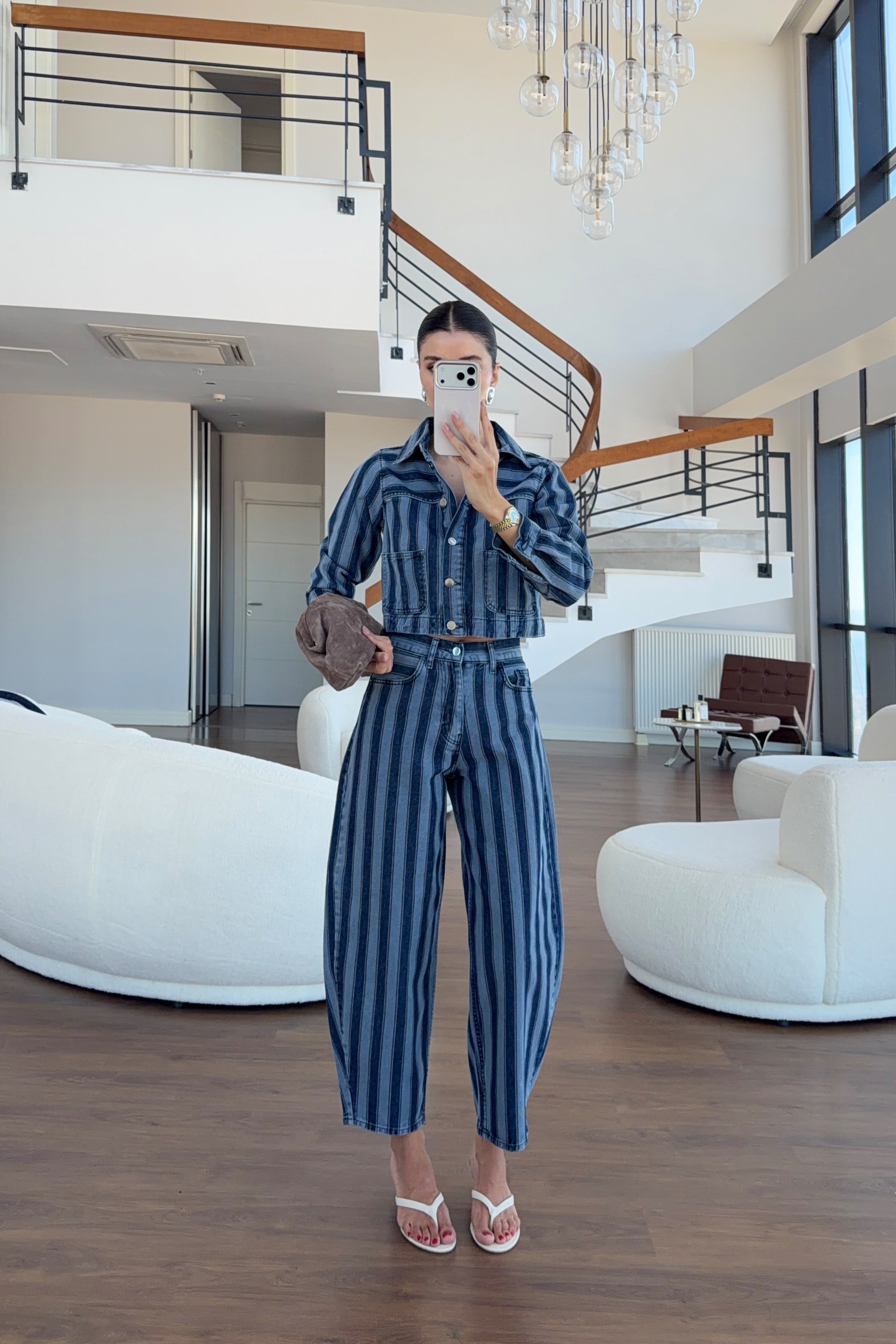 Mavi Şeritli Denim Ceket-Balon Jean Takım