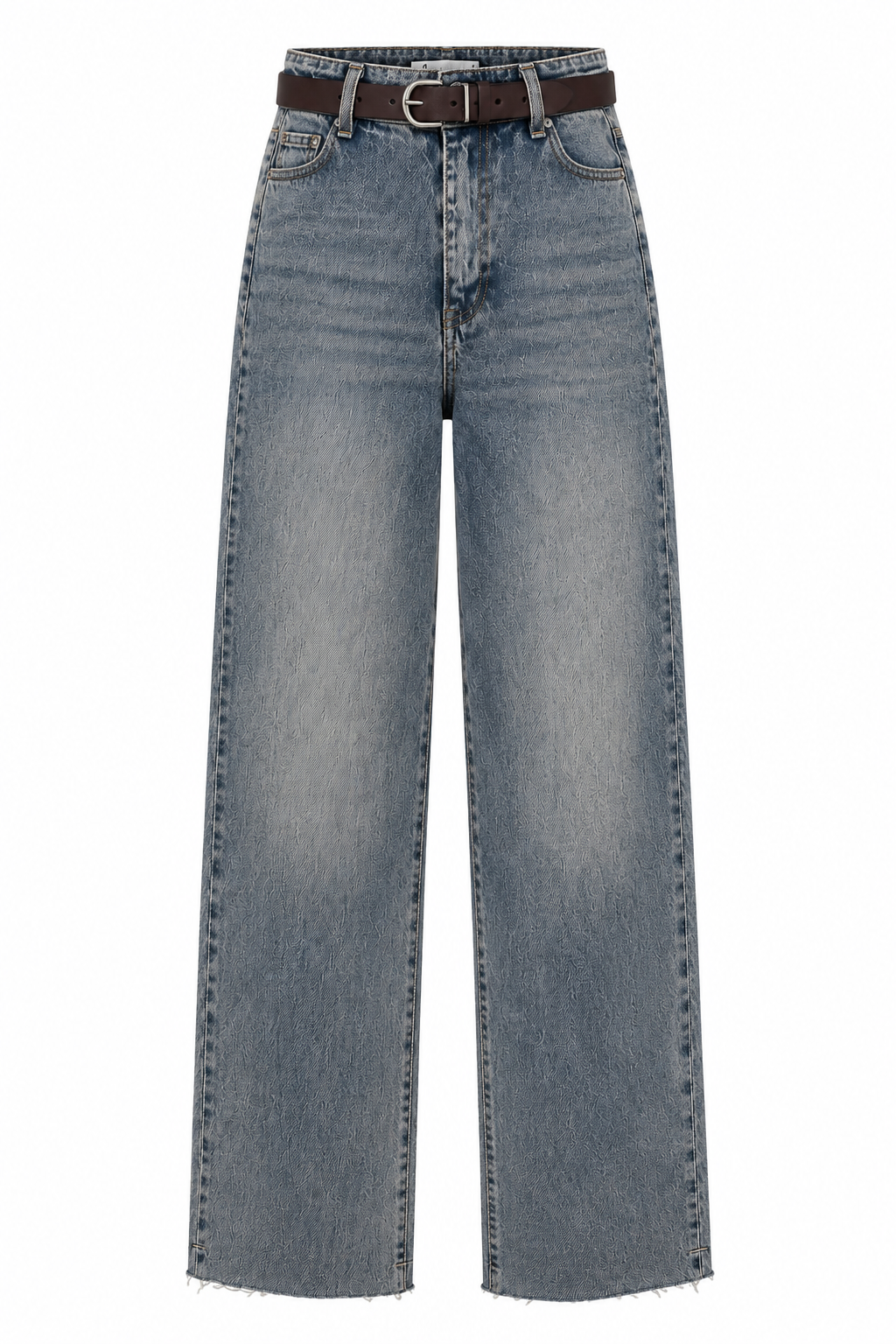 Mavi Yıkamalı Kemerli Fit Jean