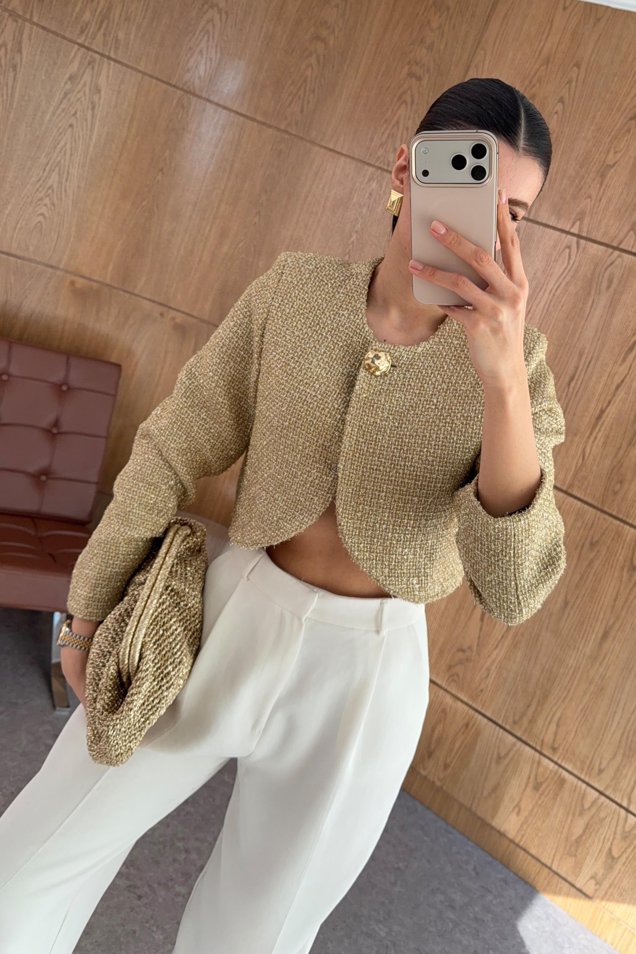 Metalik İplikli Gold Ceket