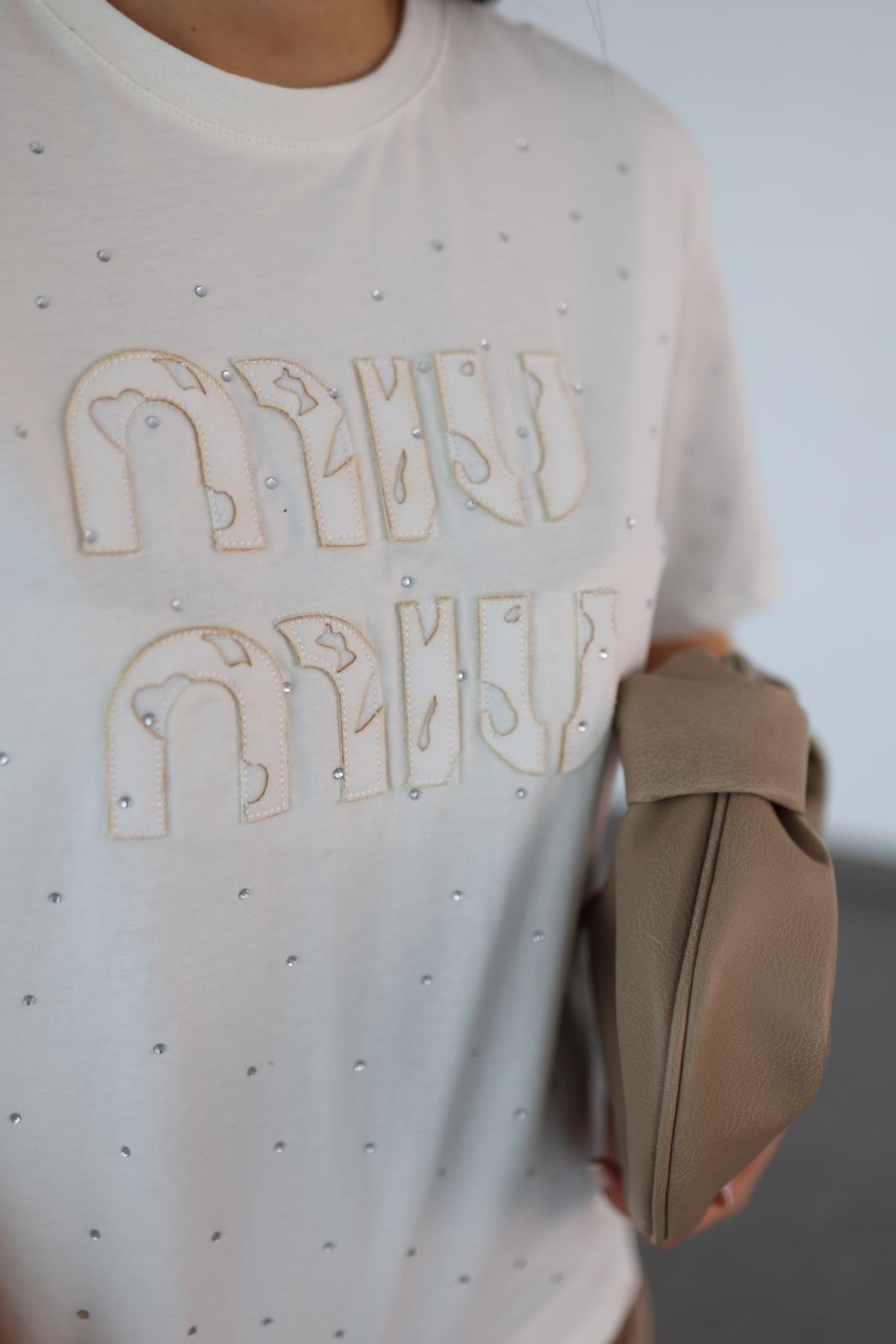 Miu Taşlı Premium Krem Tshirt