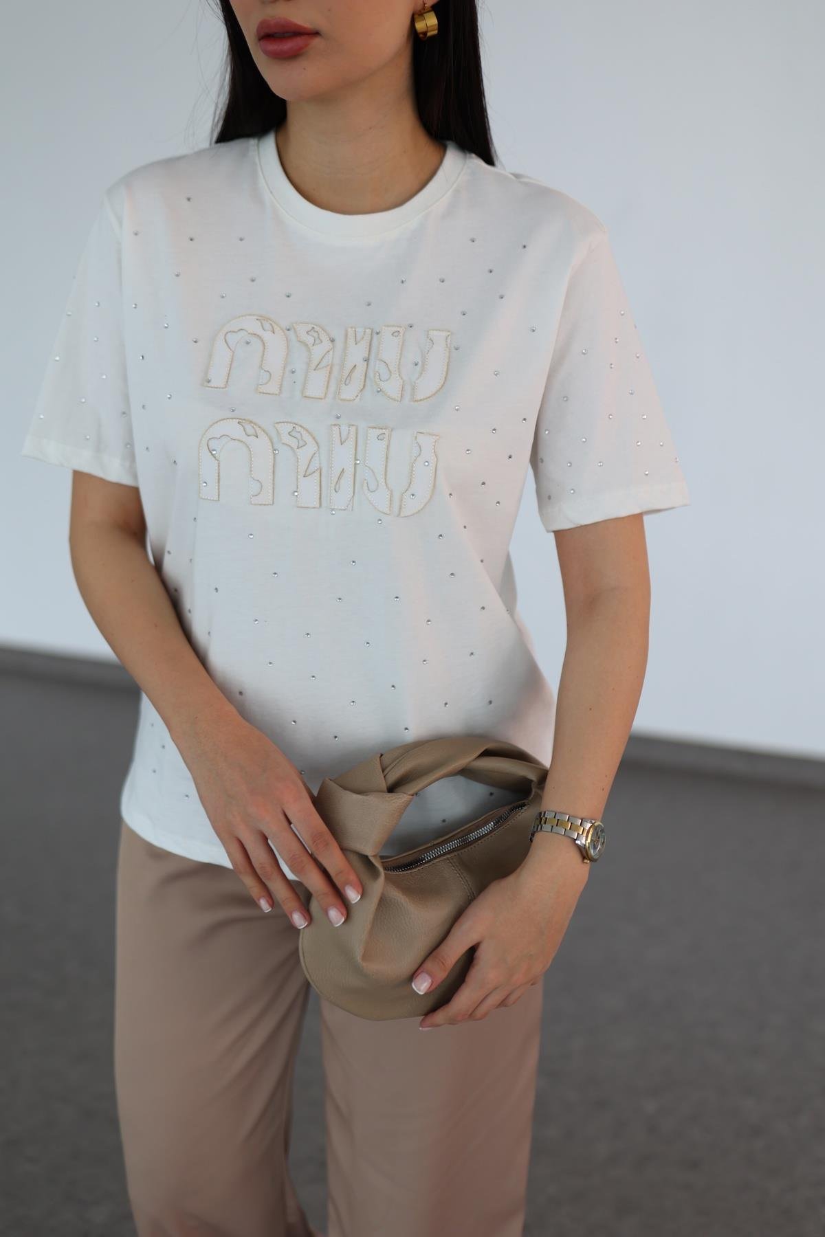Miu Taşlı Premium Krem Tshirt