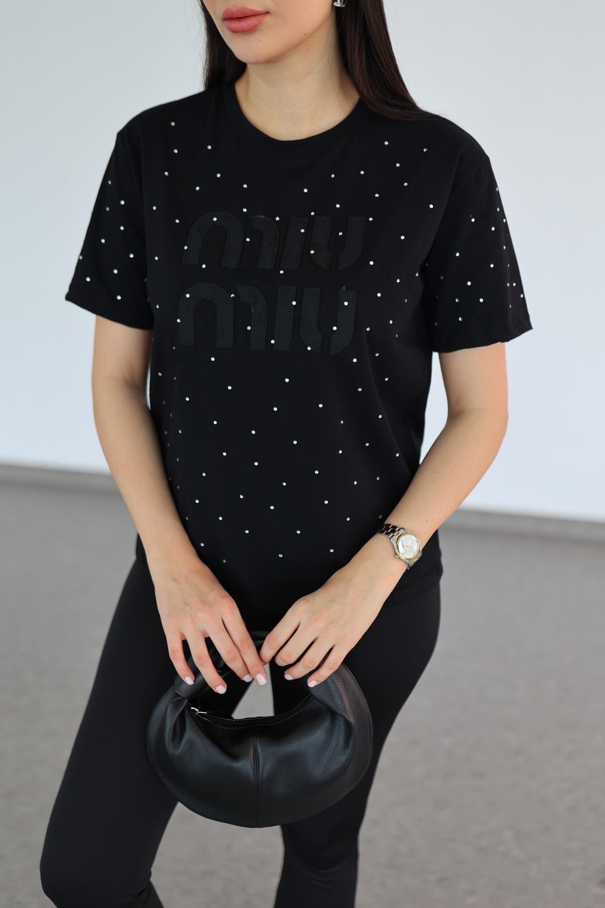 Miu Taşlı Premium Siyah Tshirt