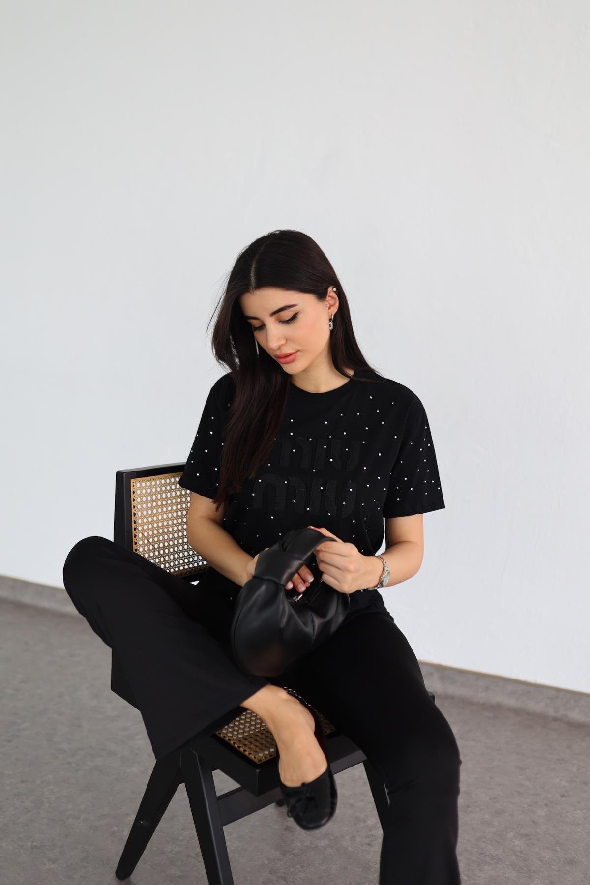 Miu Taşlı Premium Siyah Tshirt