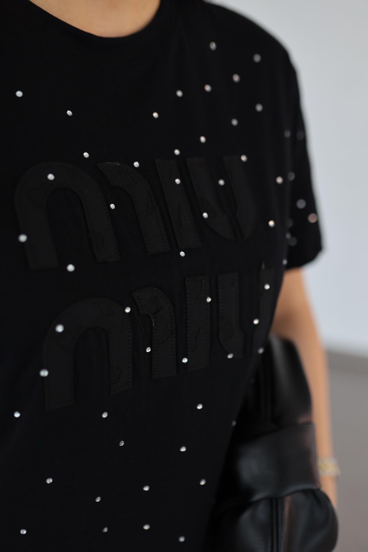 Miu Taşlı Premium Siyah Tshirt