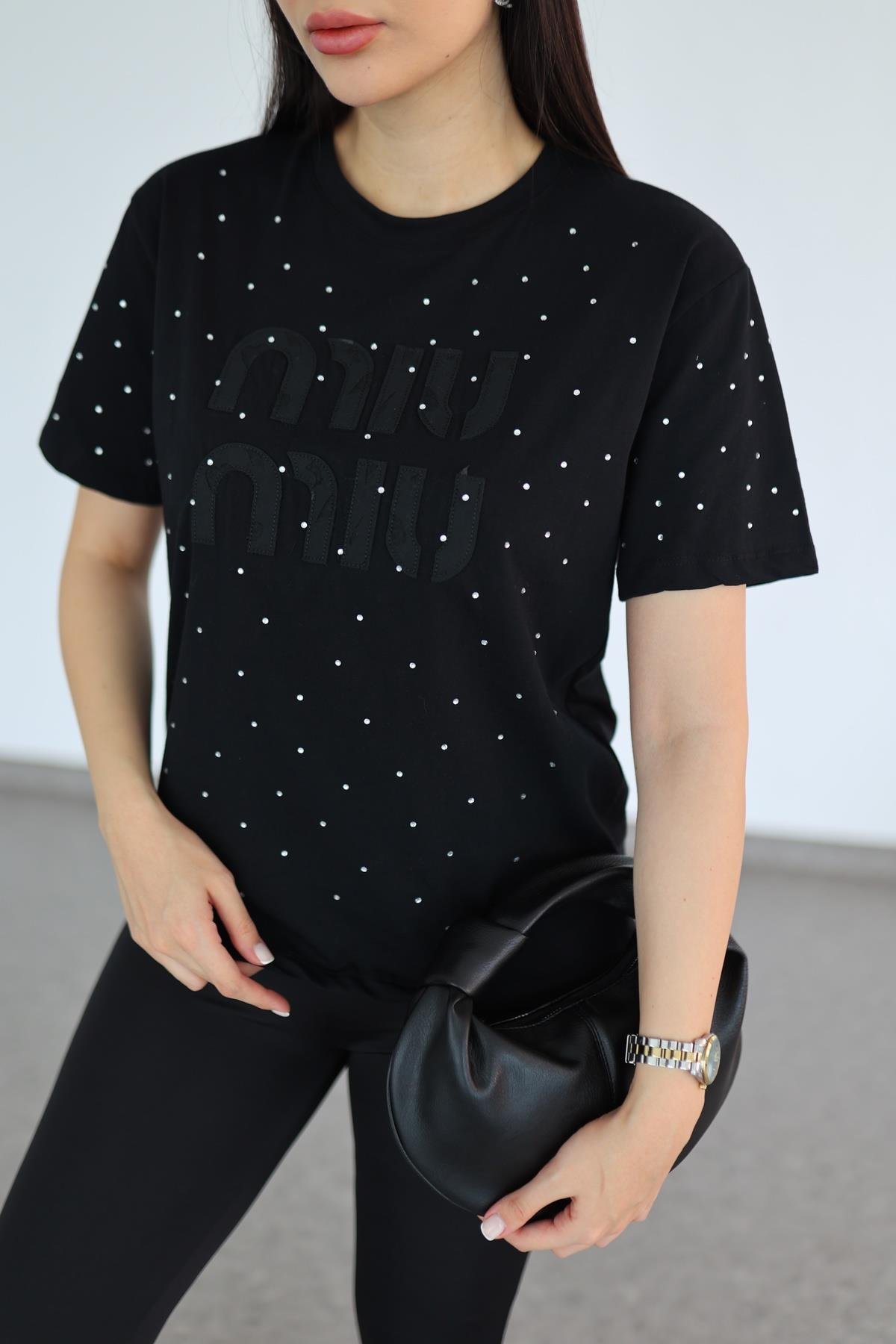 Miu Taşlı Premium Siyah Tshirt