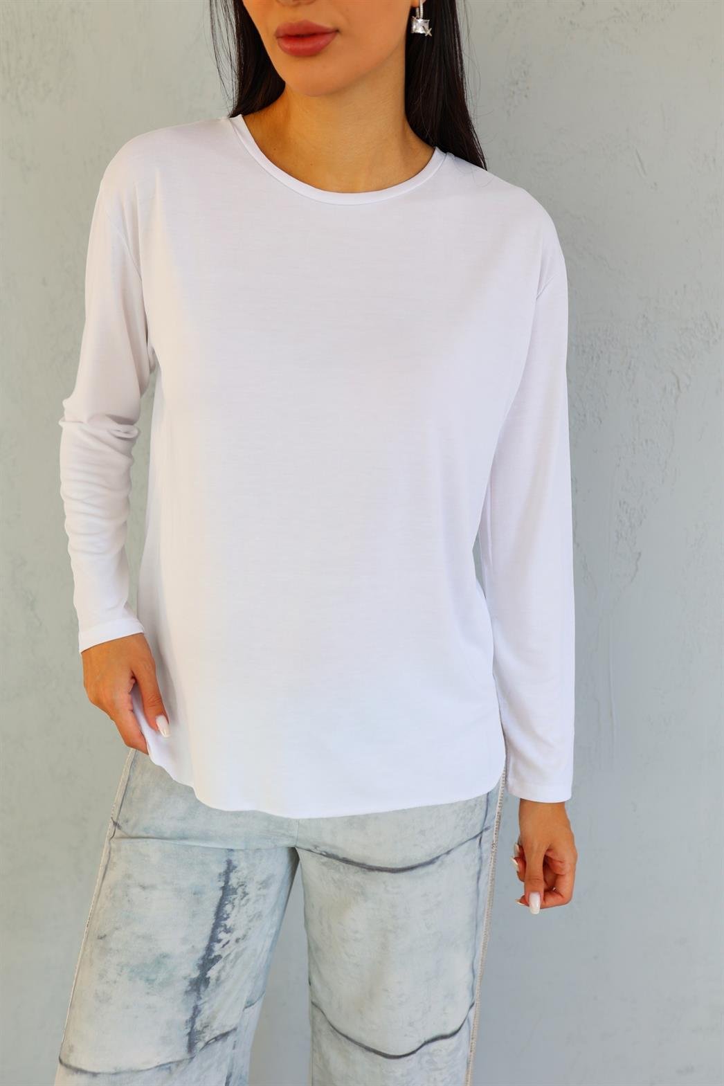 Modal Beyaz Uzun Tshirt