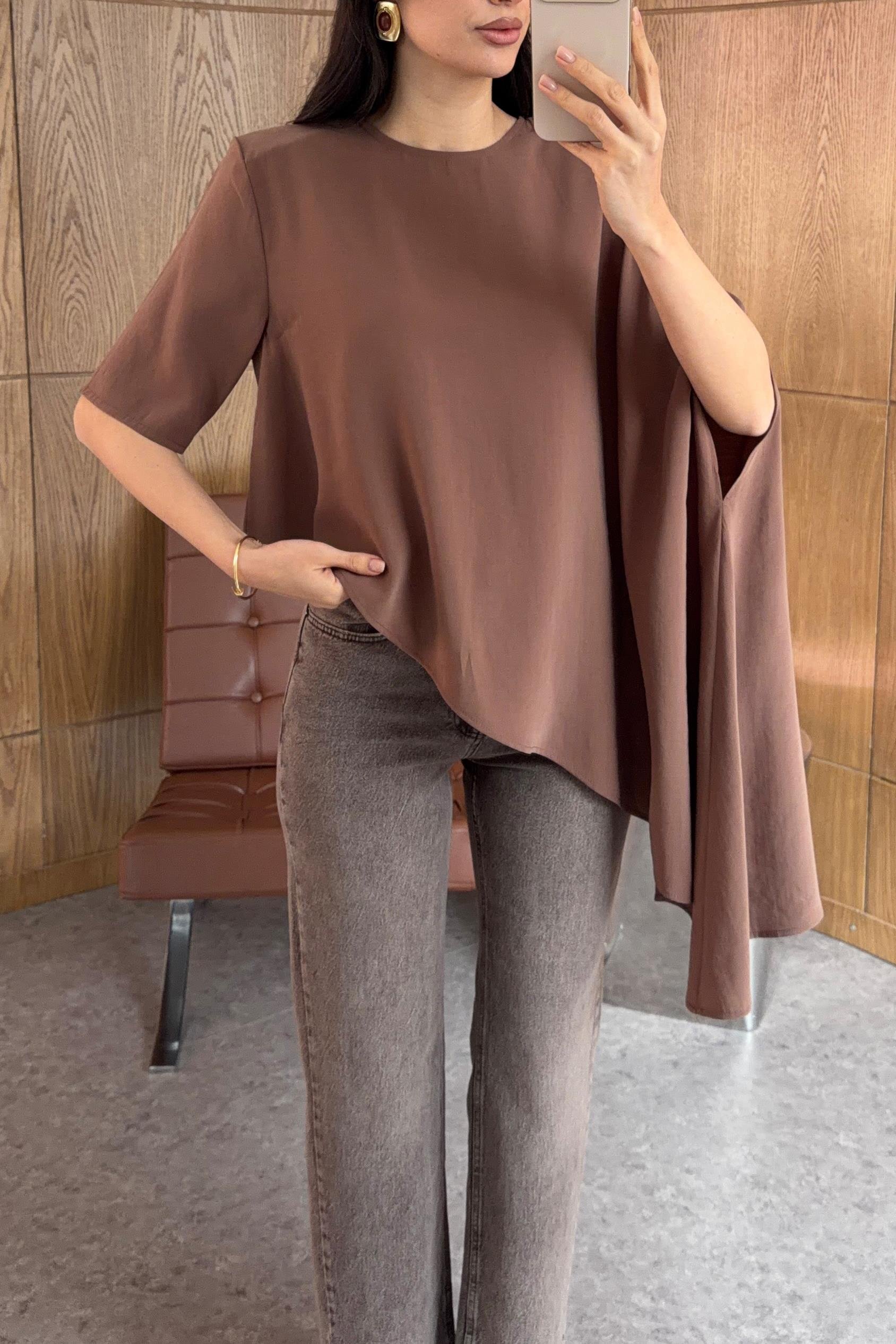 Modal Pelerinli Kahve Bluz