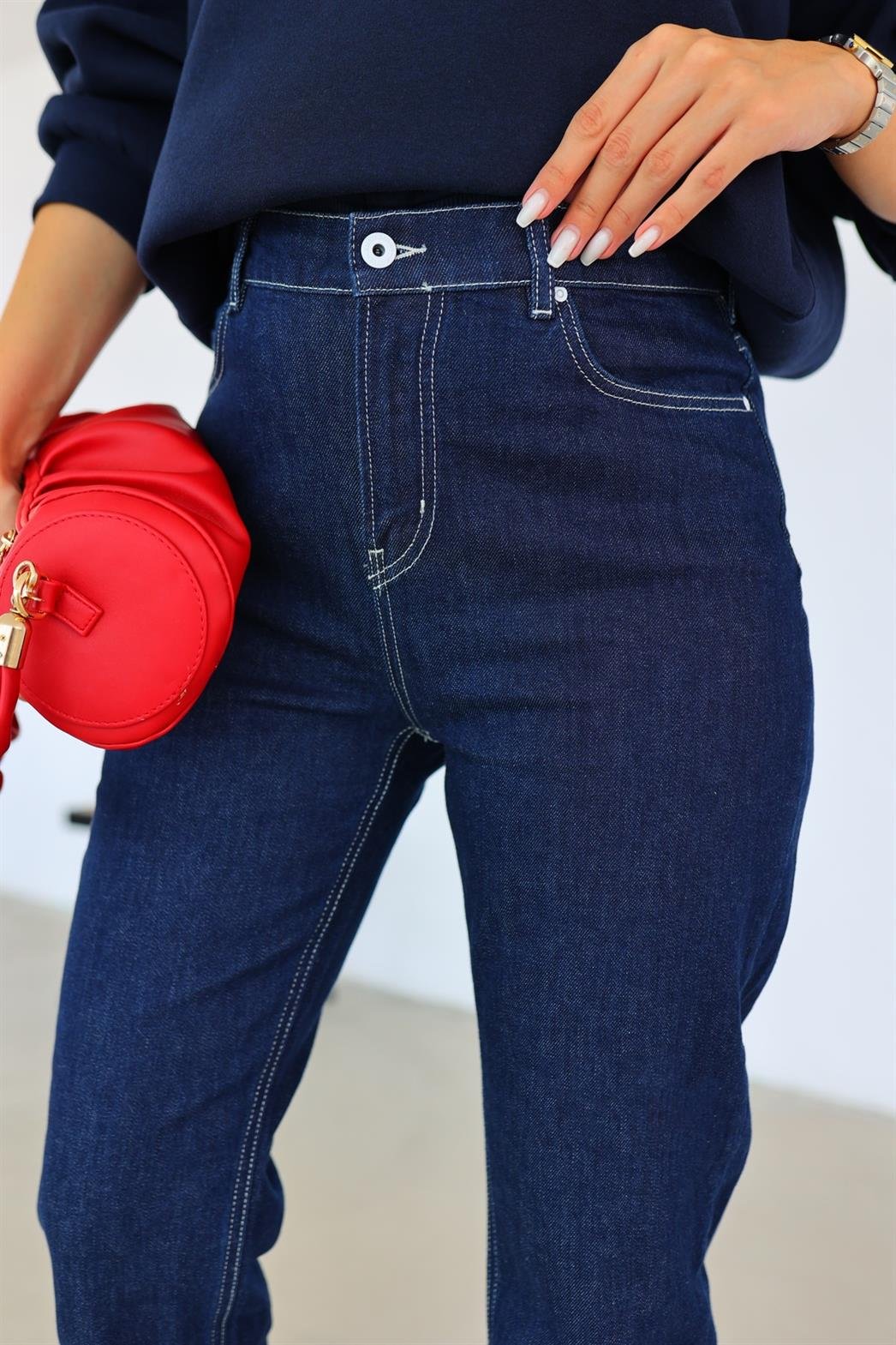 Nakışlı Koyu Mom Jean