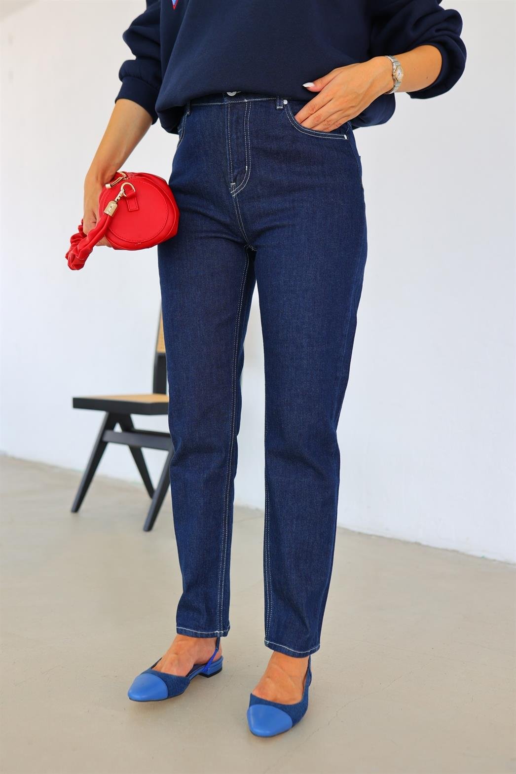Nakışlı Koyu Mom Jean