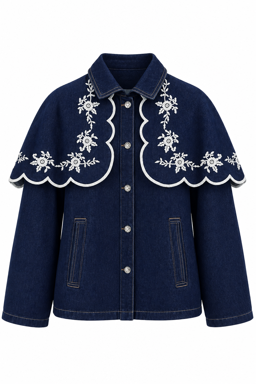 Nakışlı Yaka Detaylı Denim Ceket