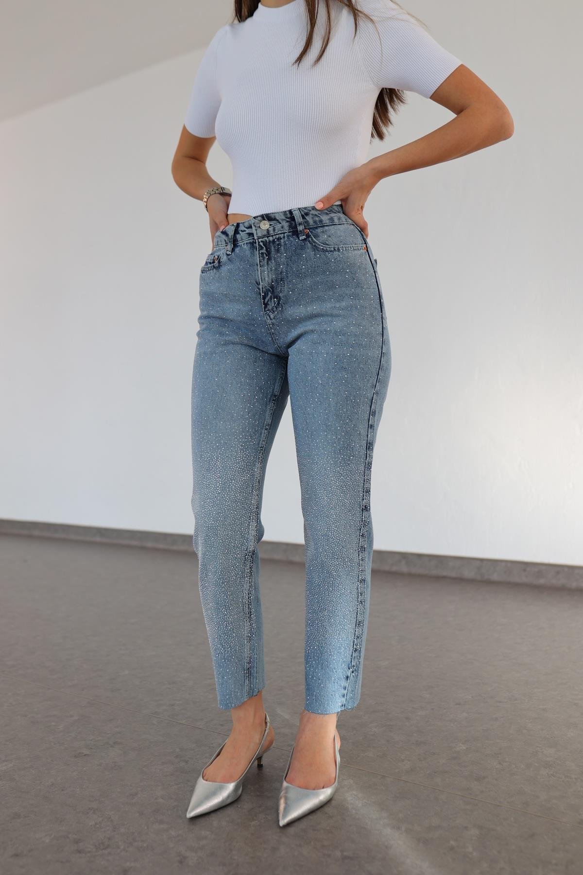 Ombre Taşlı Mavi Jean