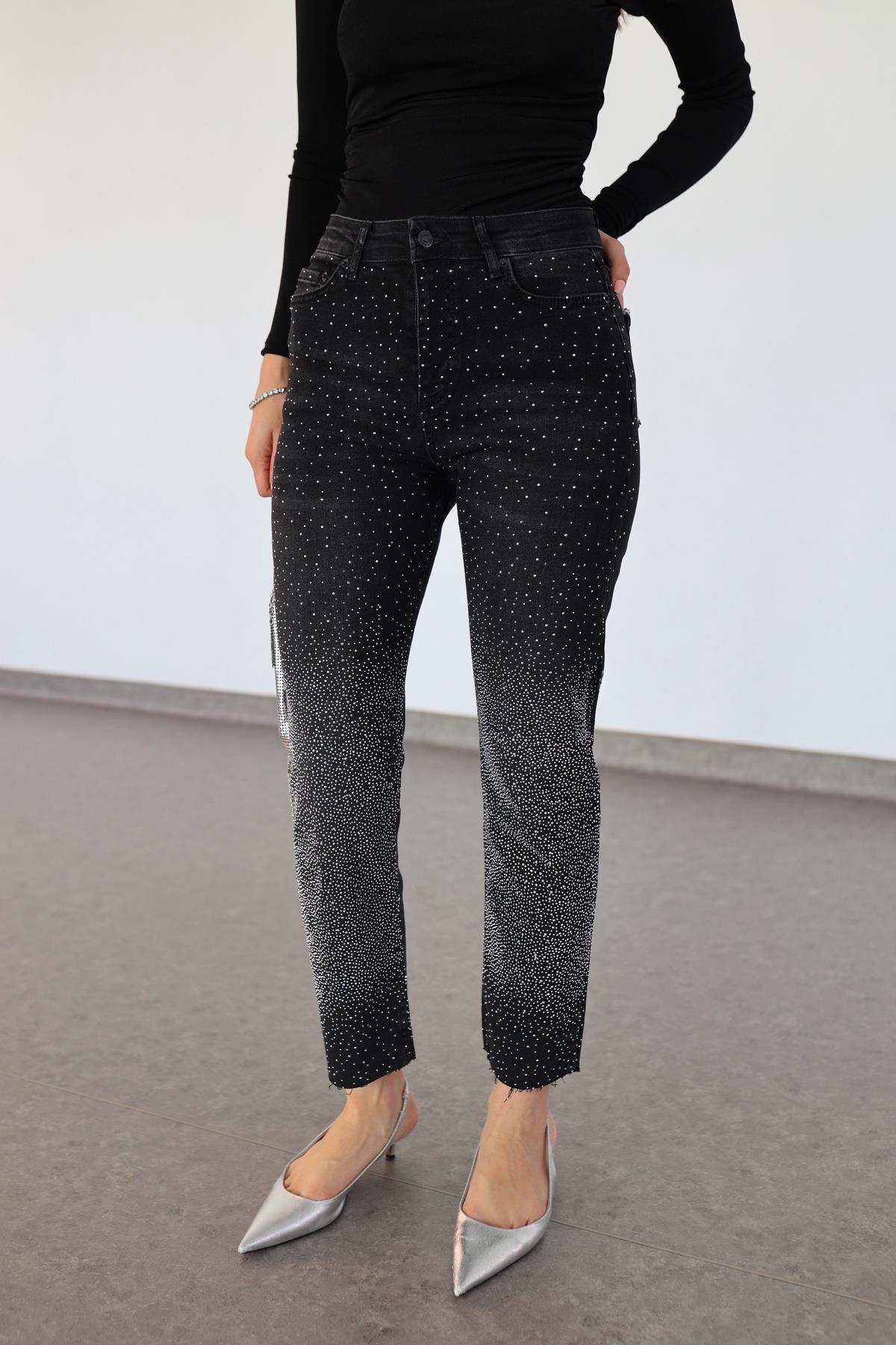 Ombre Taşlı Siyah Jean