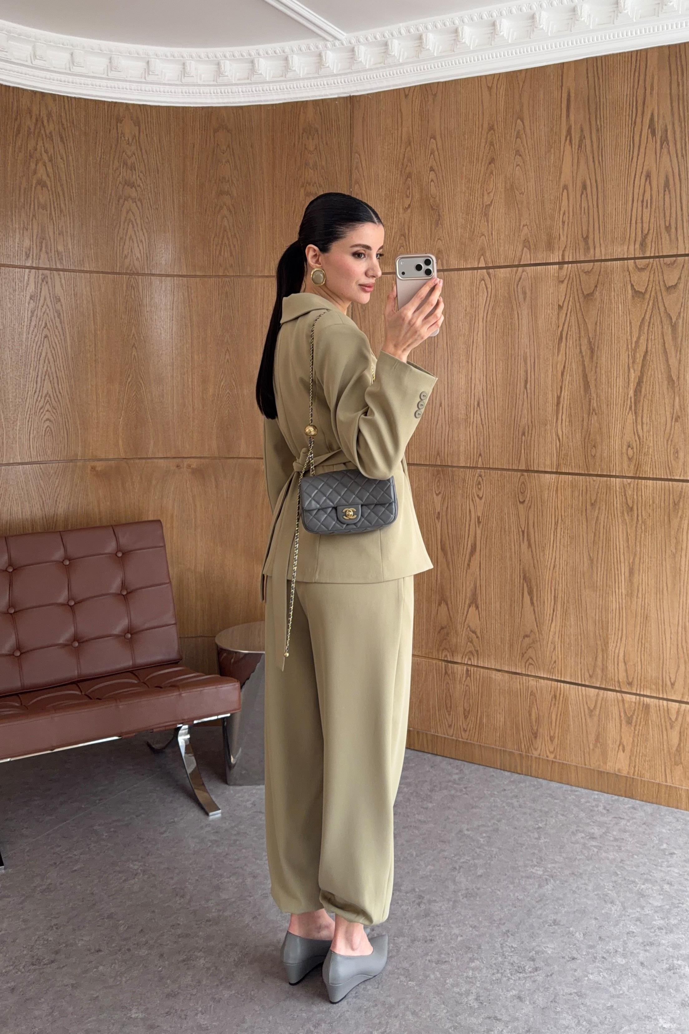 Önden Drapeli Haki Şalvar Takım