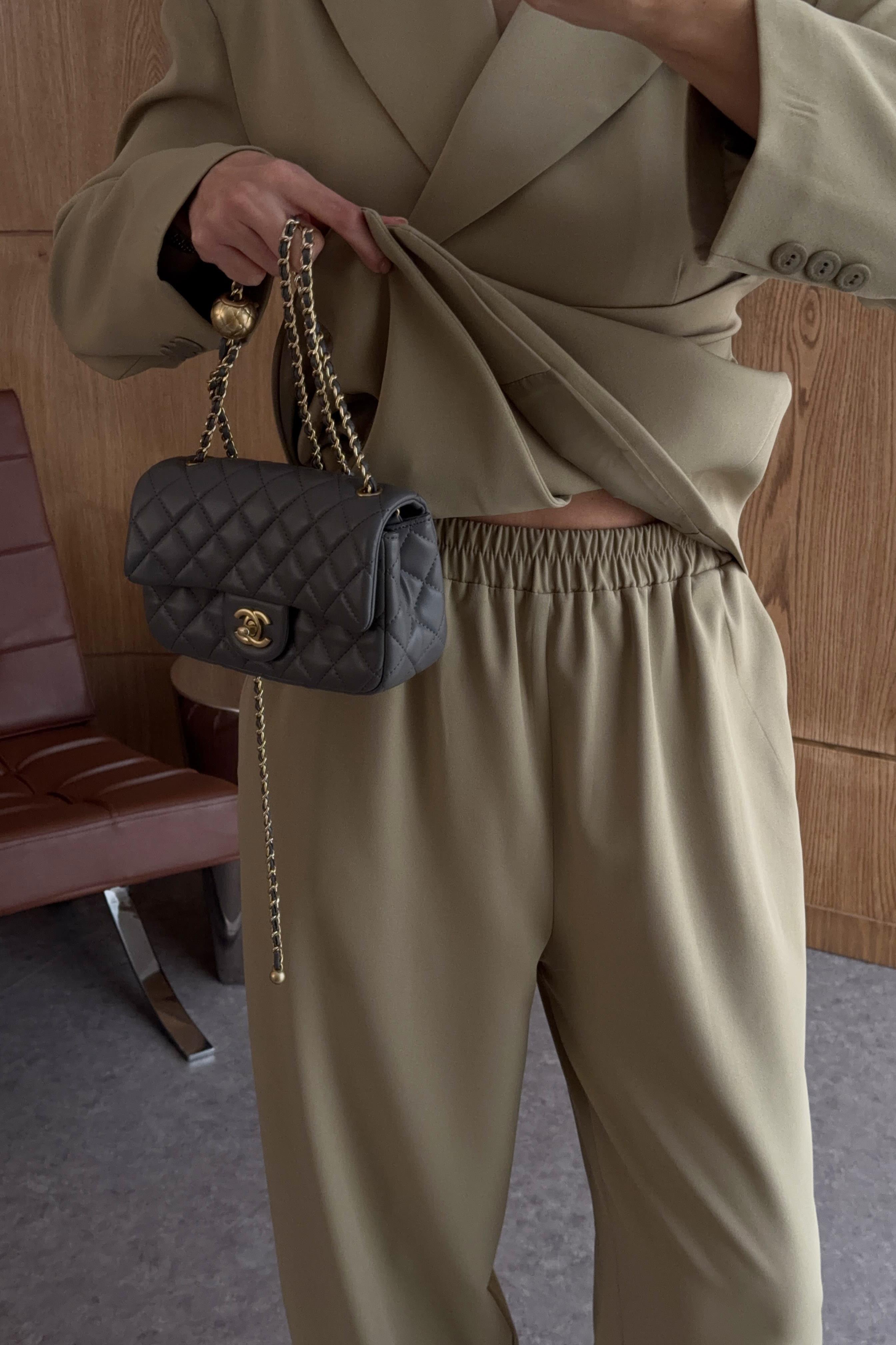 Önden Drapeli Haki Şalvar Takım