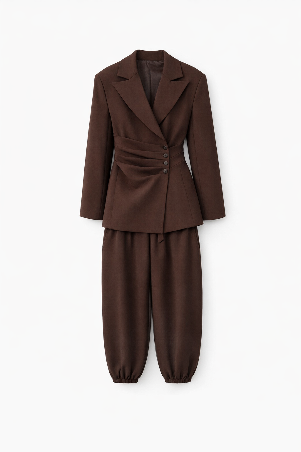 Önden Drapeli Kahverengi Şalvar Takım