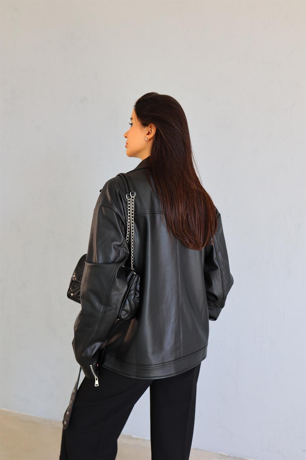 Oversize Siyah Deri Ceket