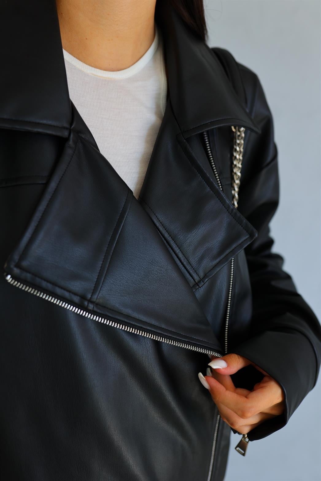 Oversize Siyah Deri Ceket