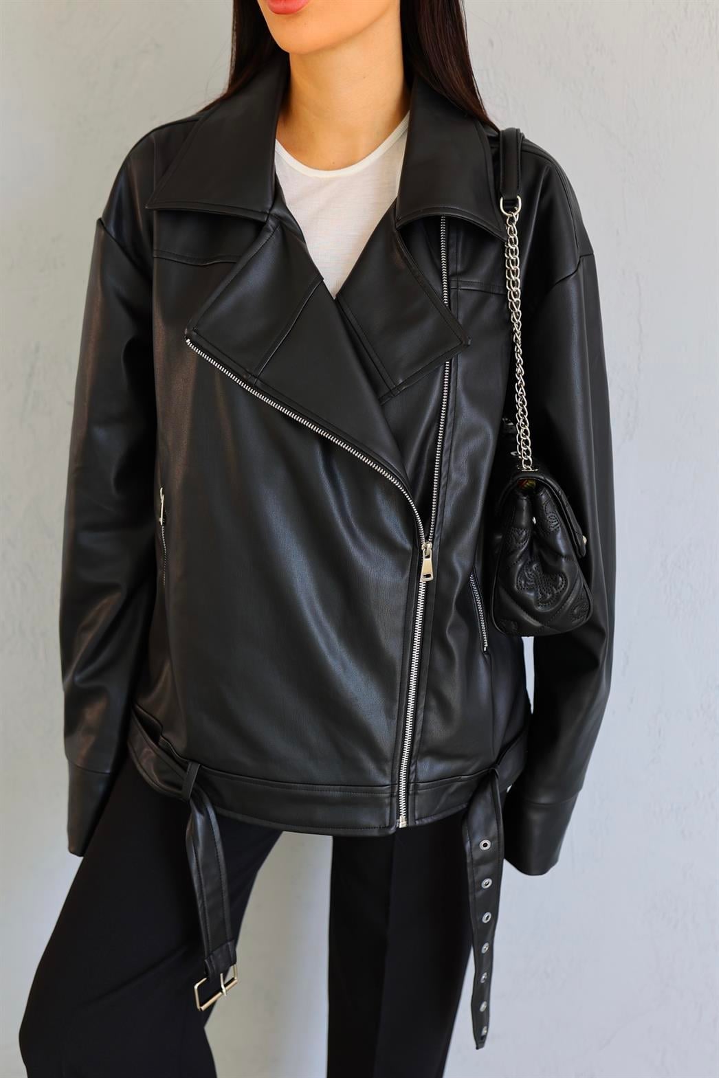 Oversize Siyah Deri Ceket