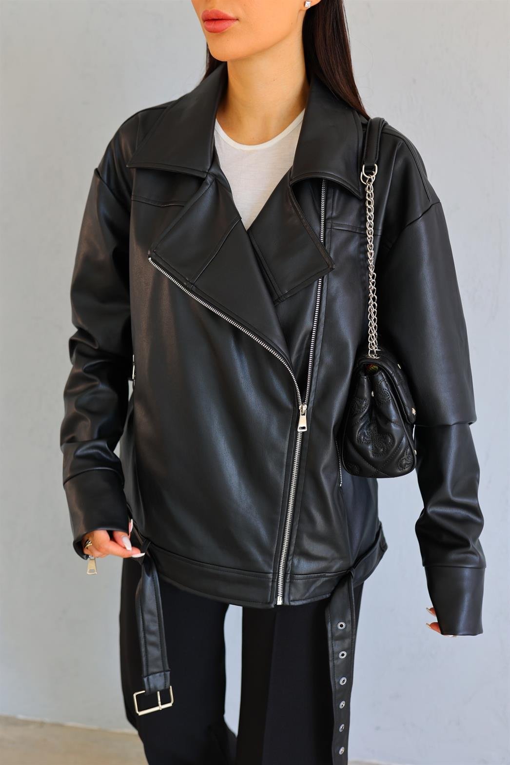 Oversize Siyah Deri Ceket