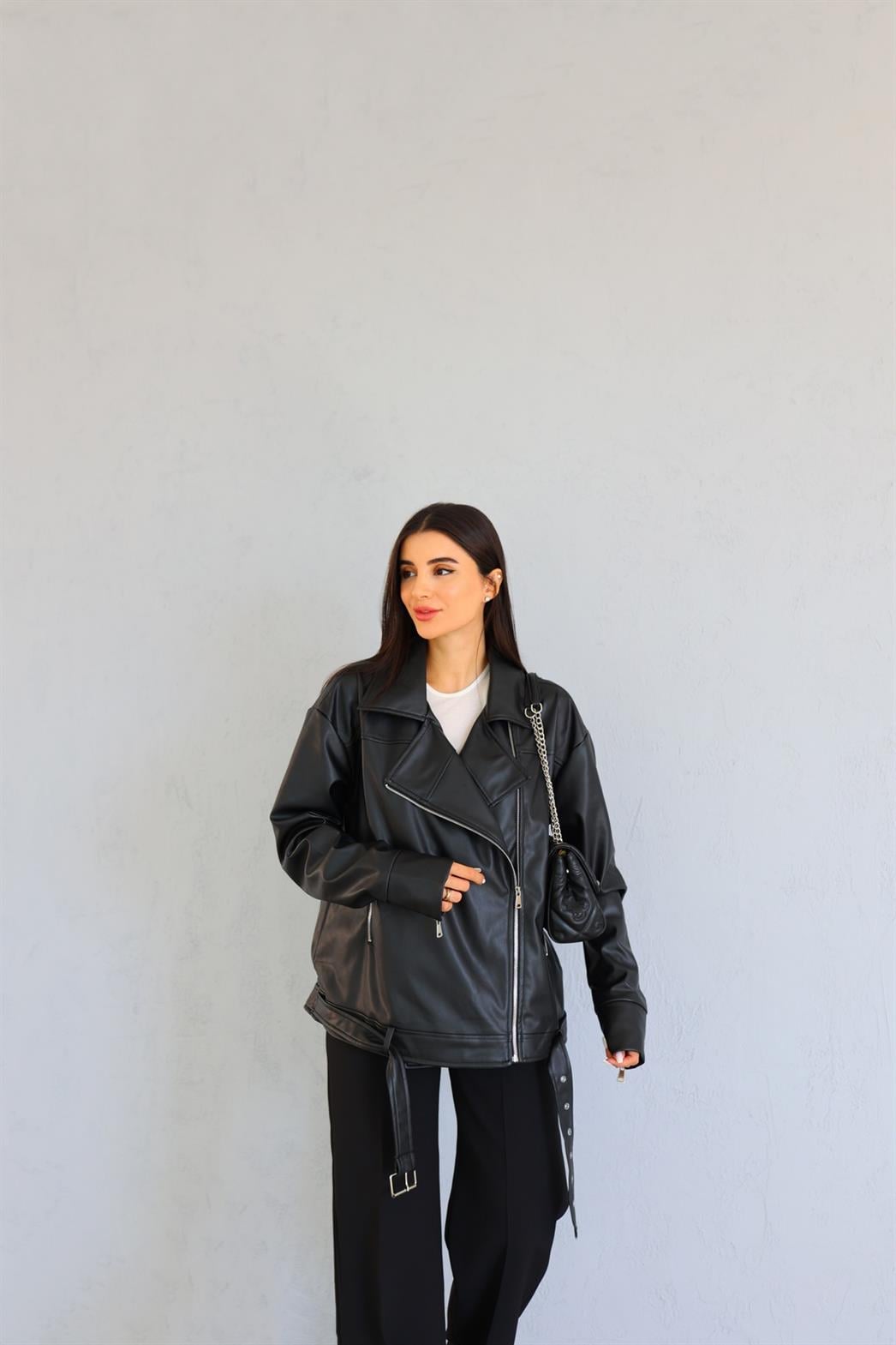 Oversize Siyah Deri Ceket