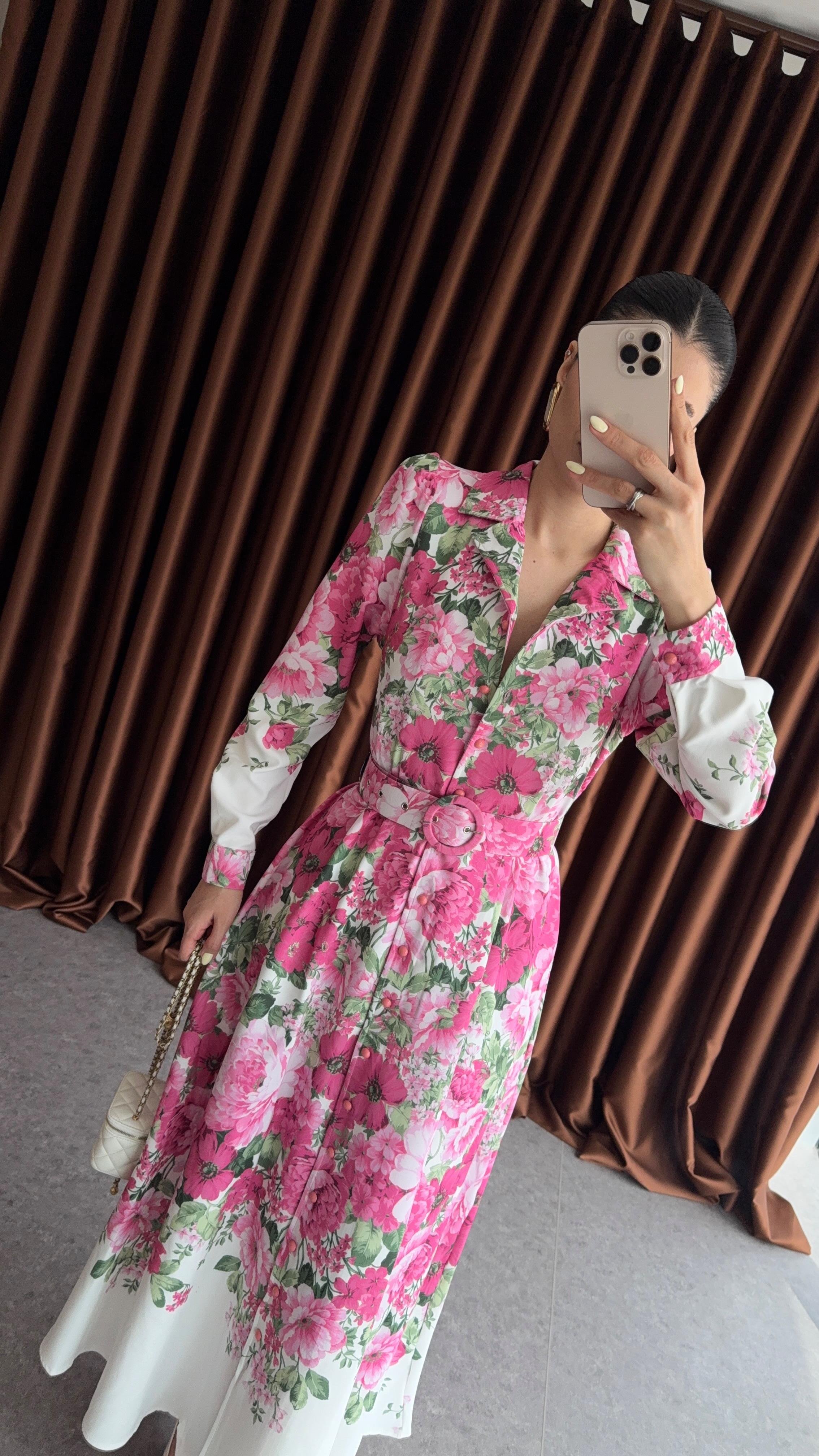 Pembe Çiçekli Kemerli Maxi Elbise