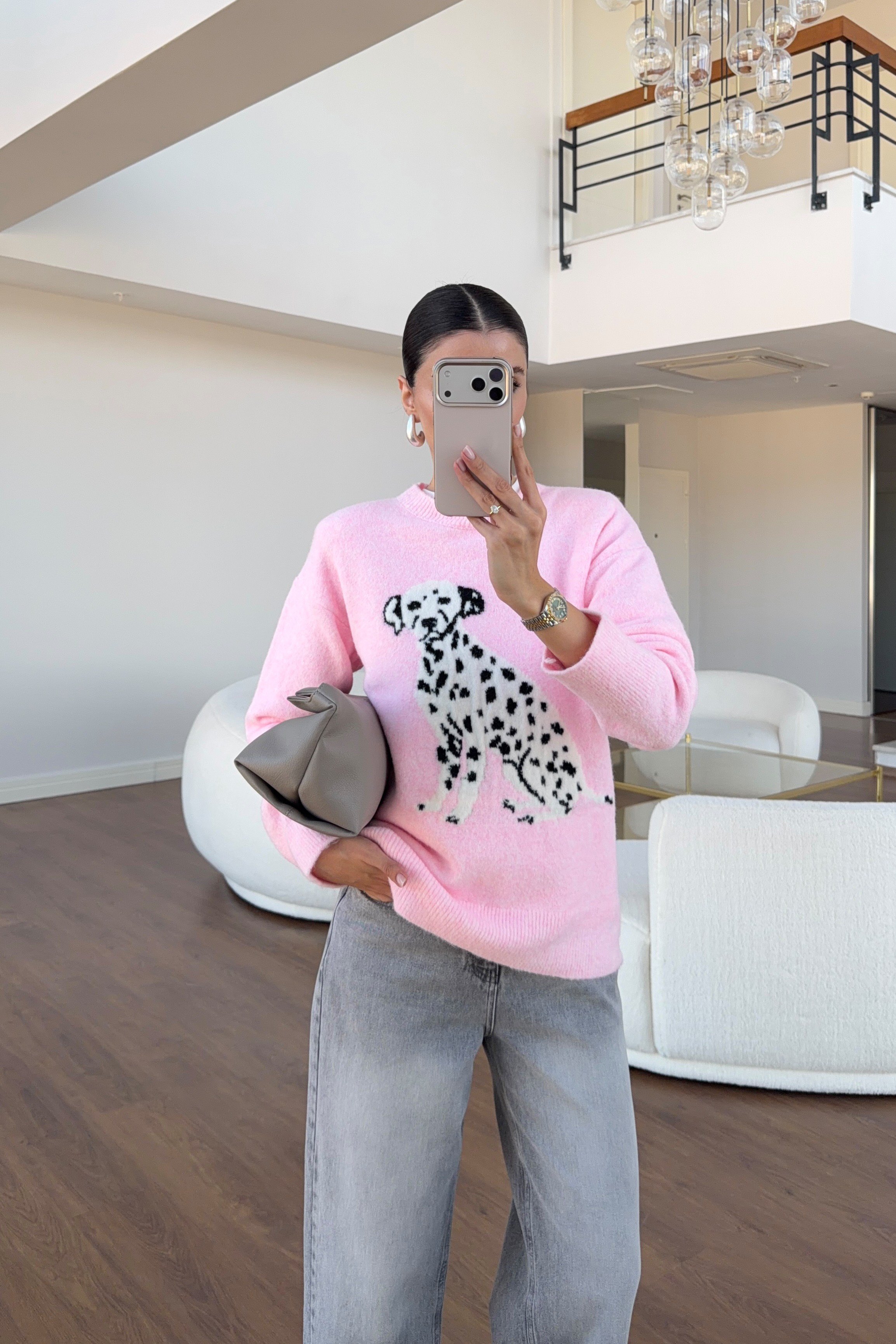 Pembe Dalmaçya Figürlü Triko Kazak