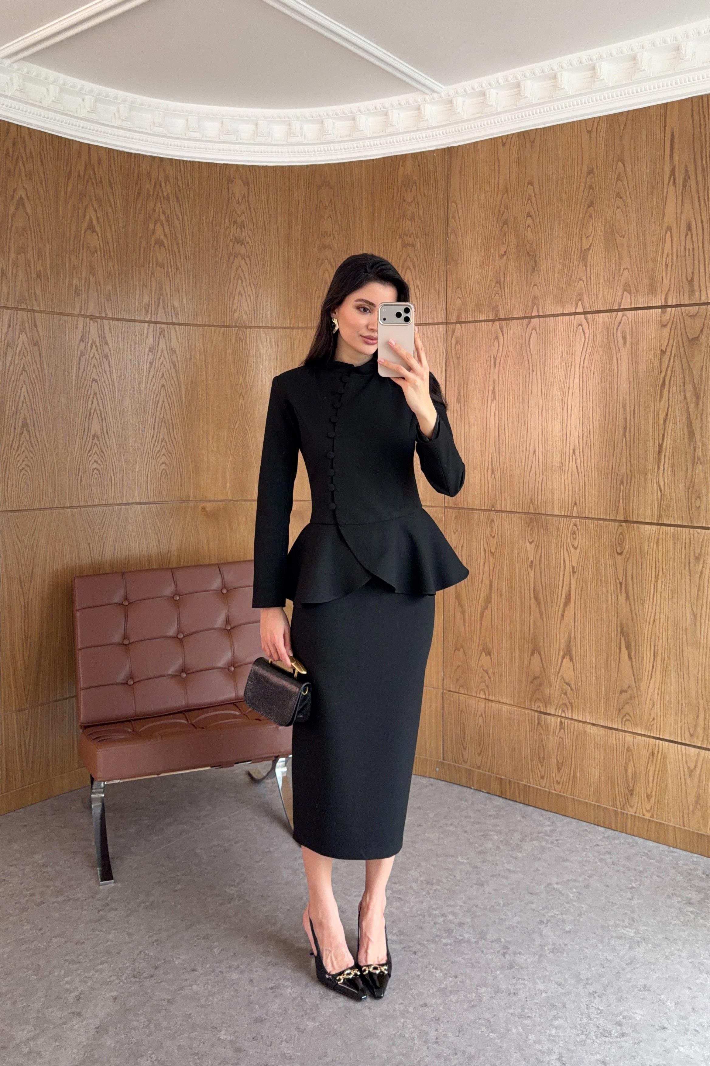 Peplum Siyah Ceket-Etek Takım