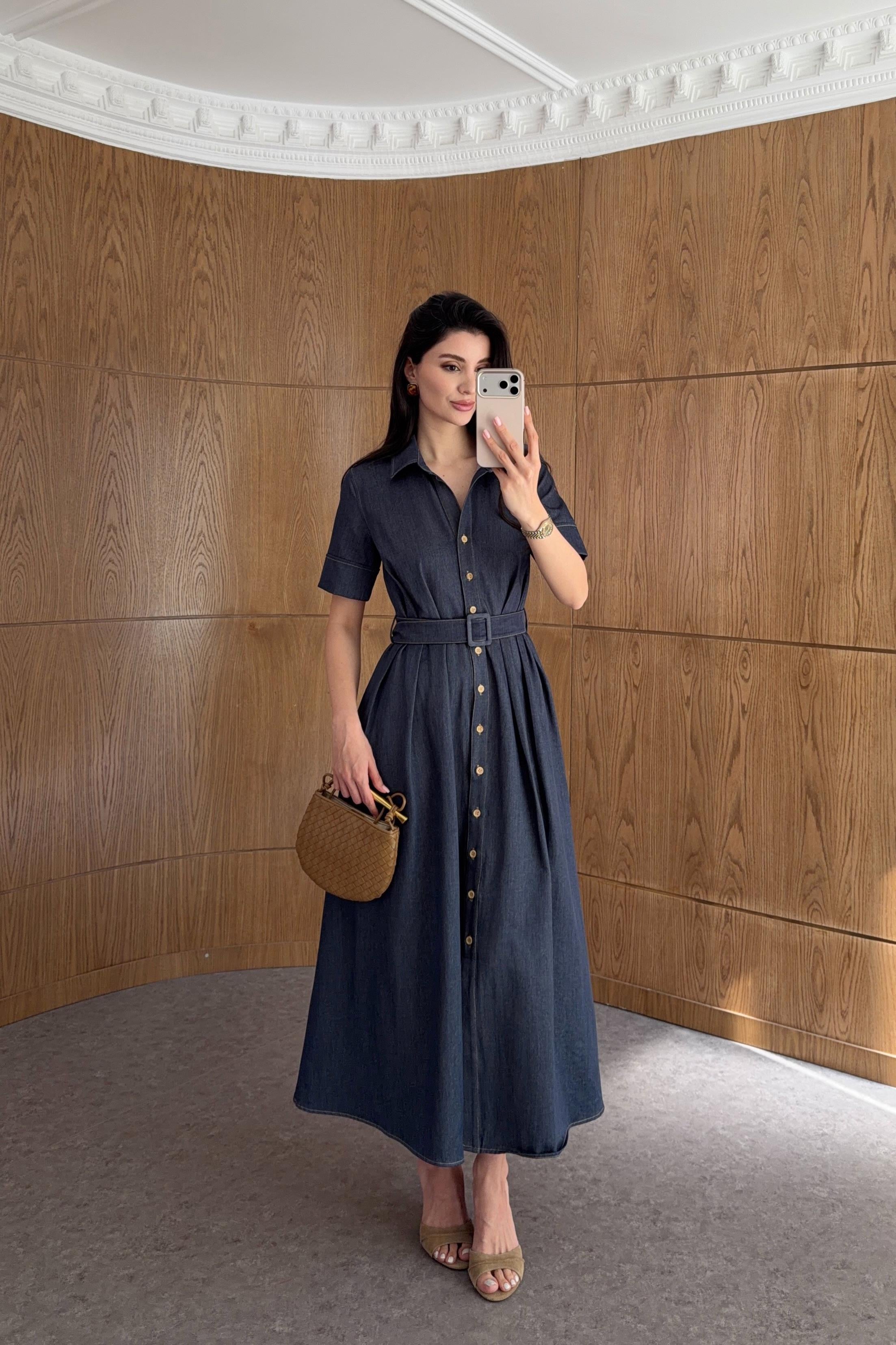 Pileli Lacivert Denim Elbise