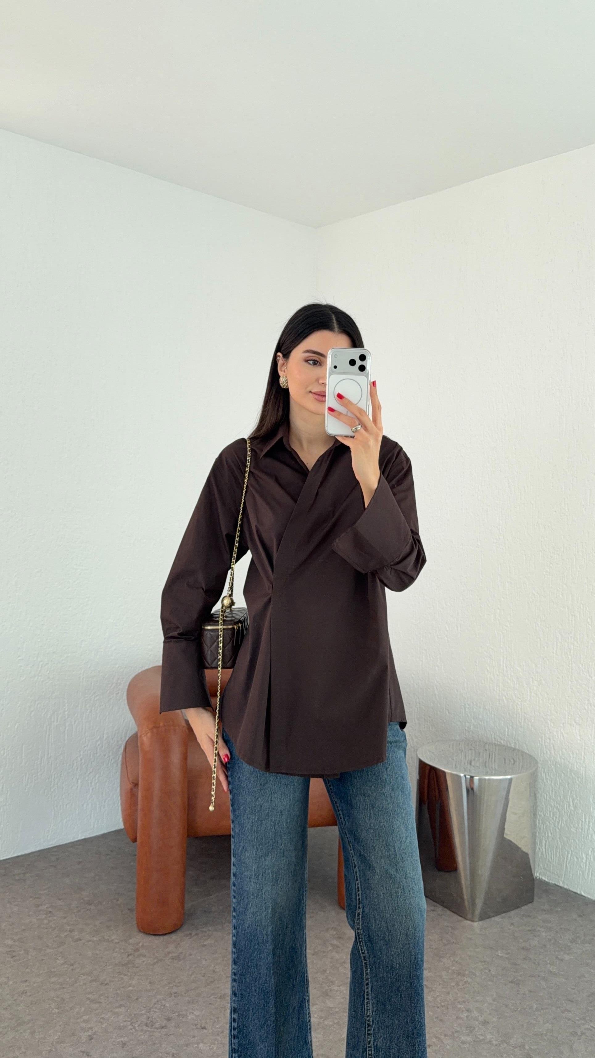 Poplin Acı Kahve Kruvaze Gömlek