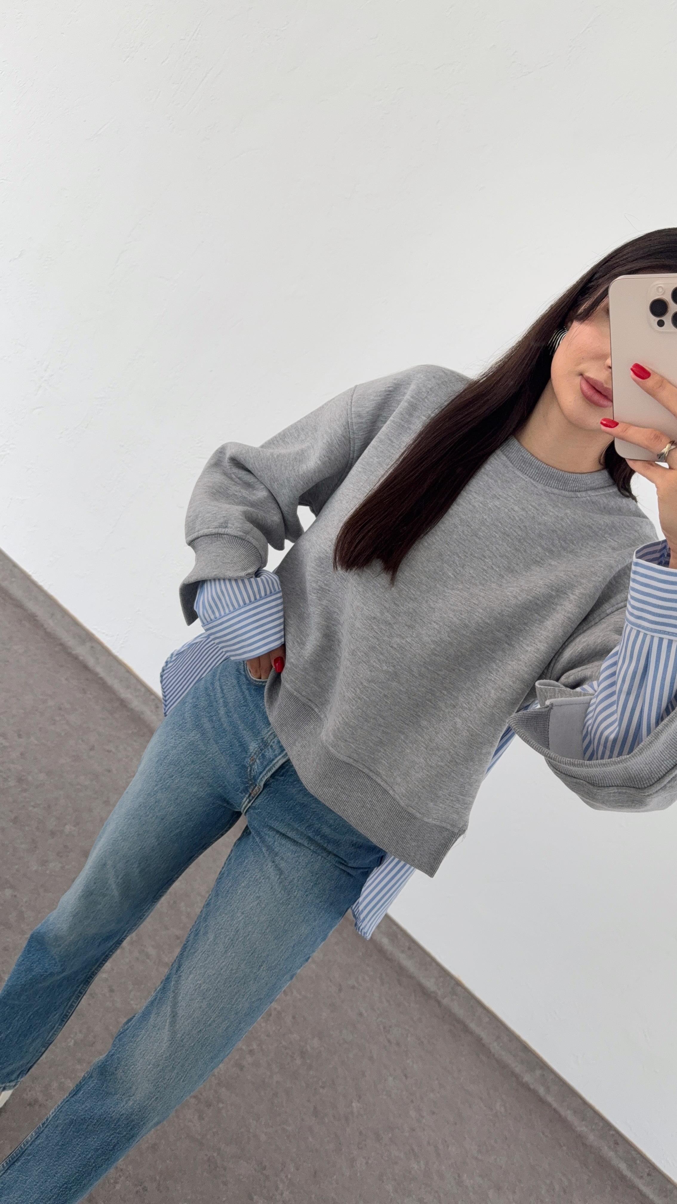 Poplin Detaylı Gri Sweat