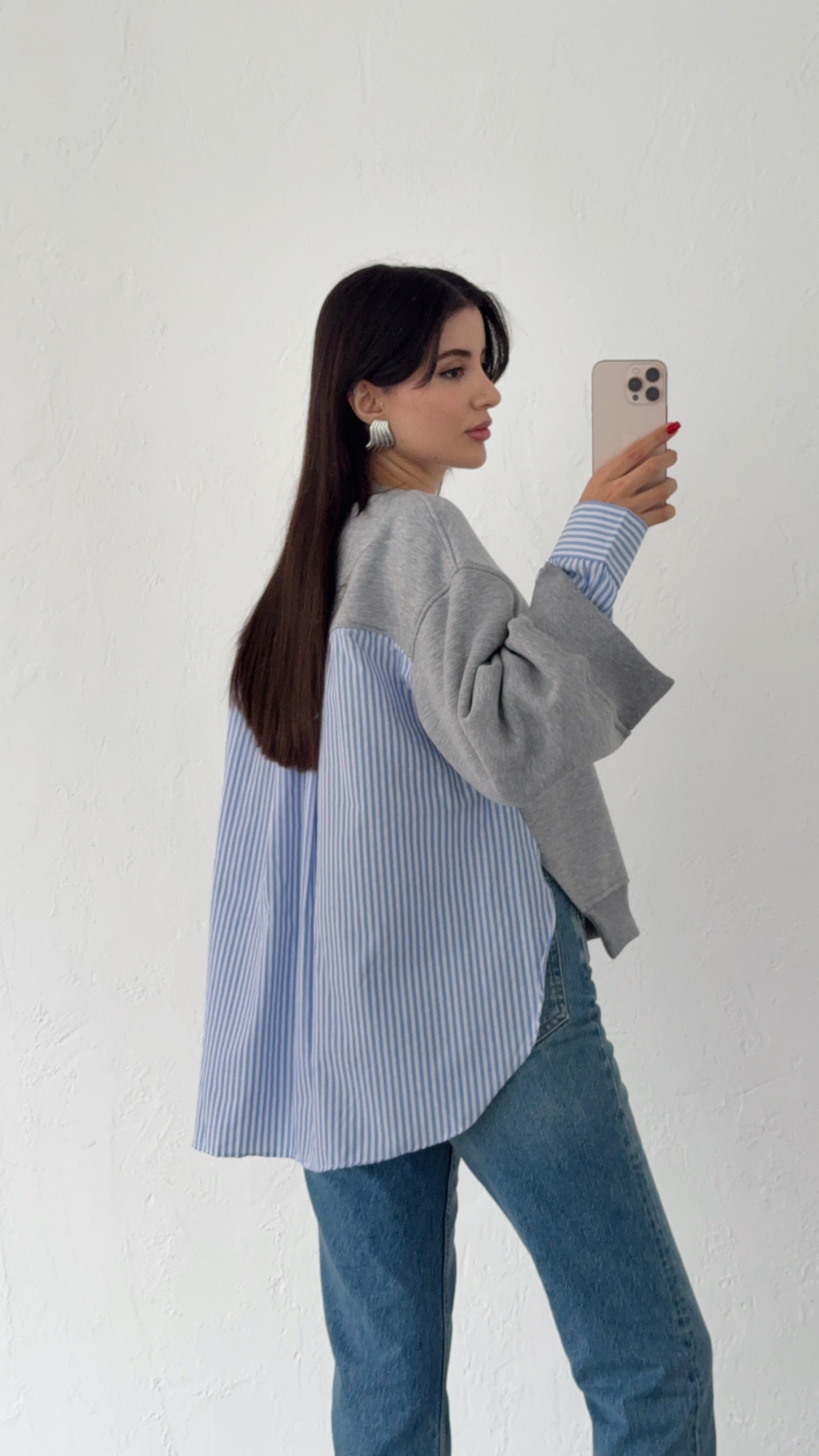 Poplin Detaylı Gri Sweat