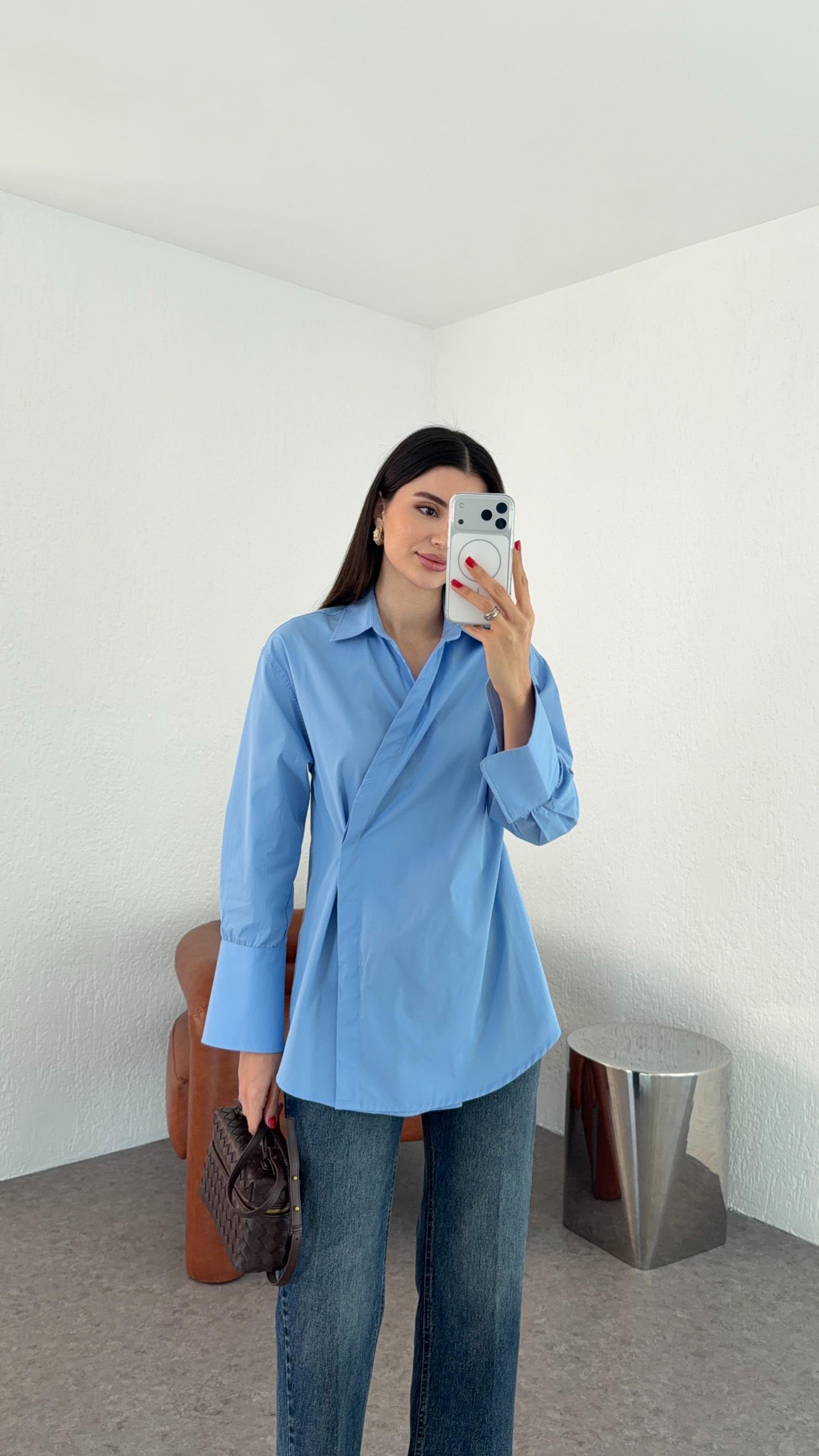 Poplin Mavi Kruvaze Gömlek