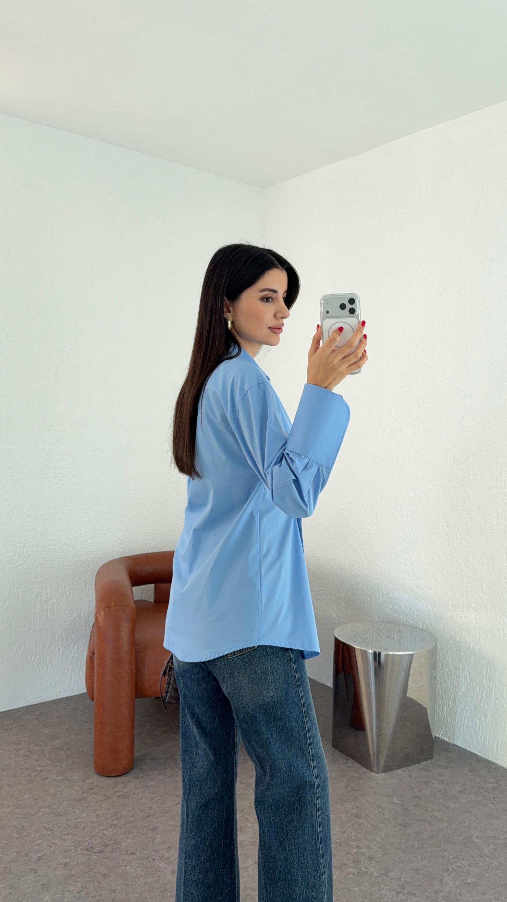 Poplin Mavi Kruvaze Gömlek