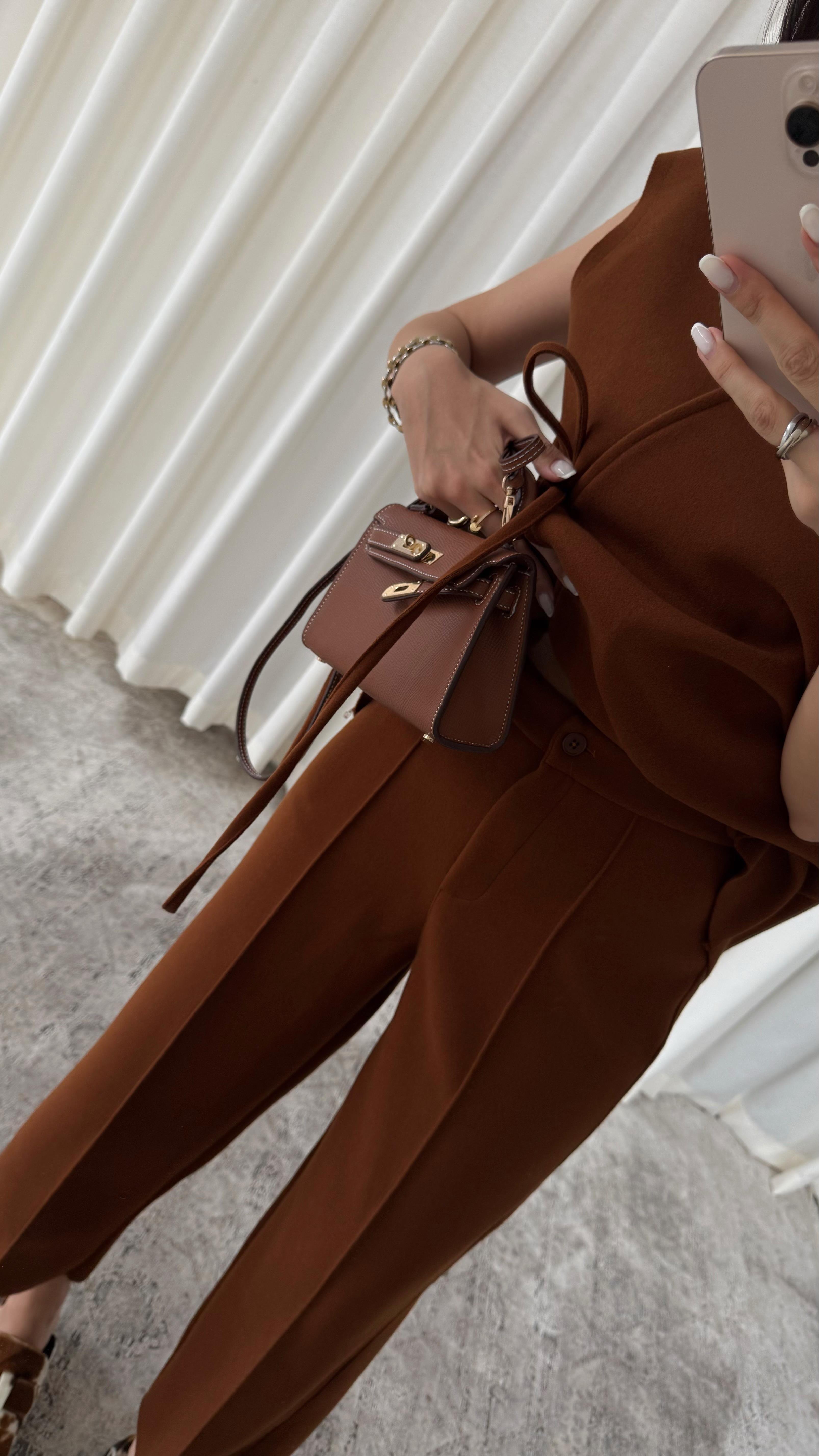 Premium Kaşe Tarçın Yelek-Pantolon Takım