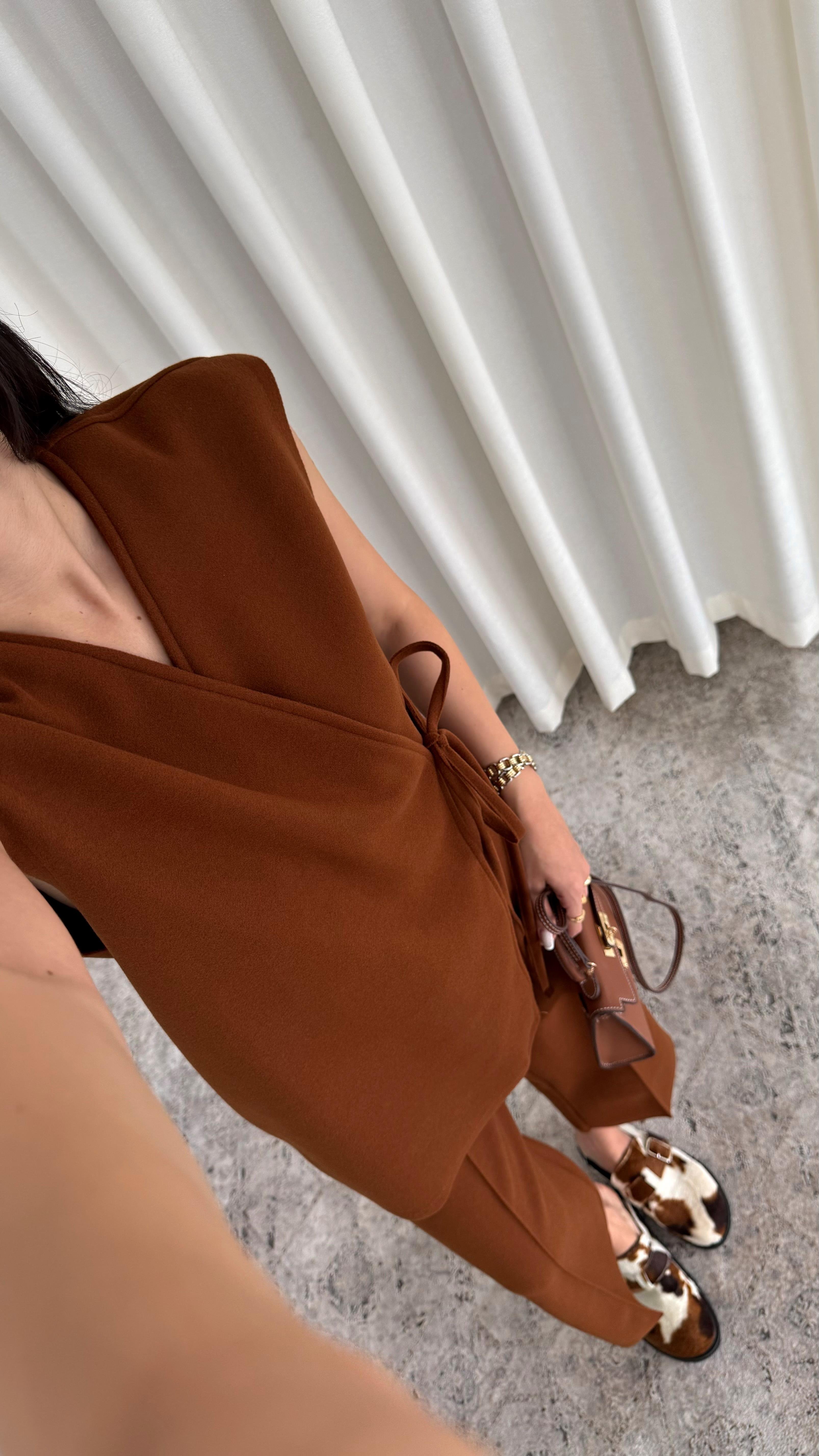 Premium Kaşe Tarçın Yelek-Pantolon Takım