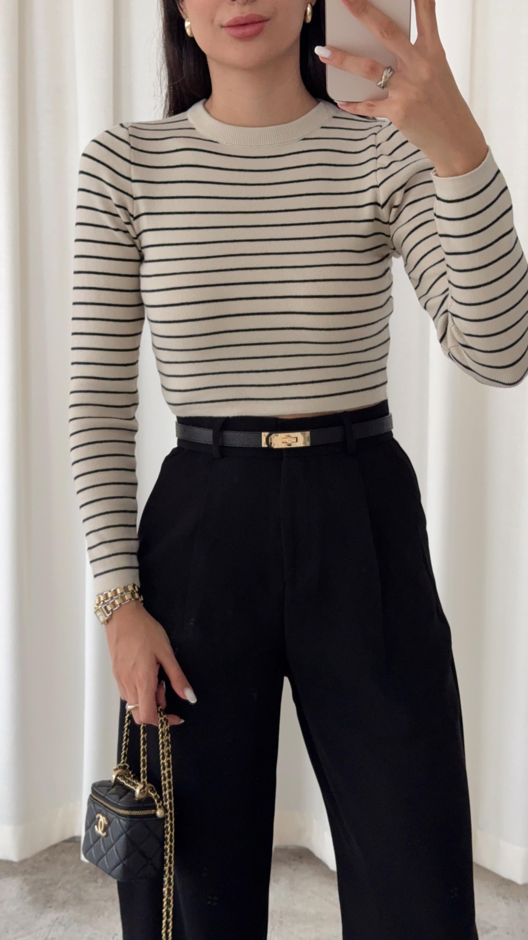 Premium Likralı Siyah Çizgili Crop Triko