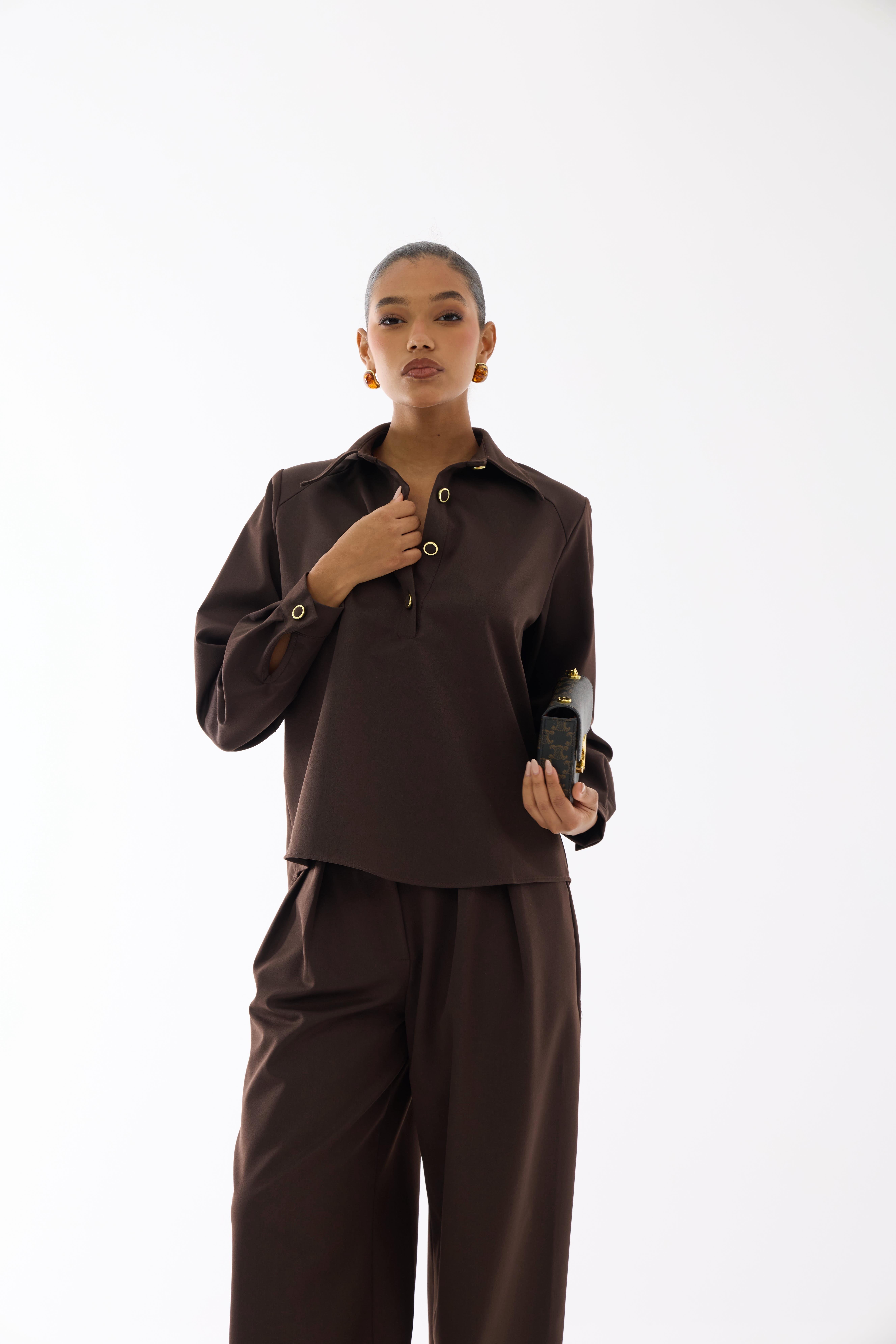 Premium Polo Yaka Kahverengi Bluz