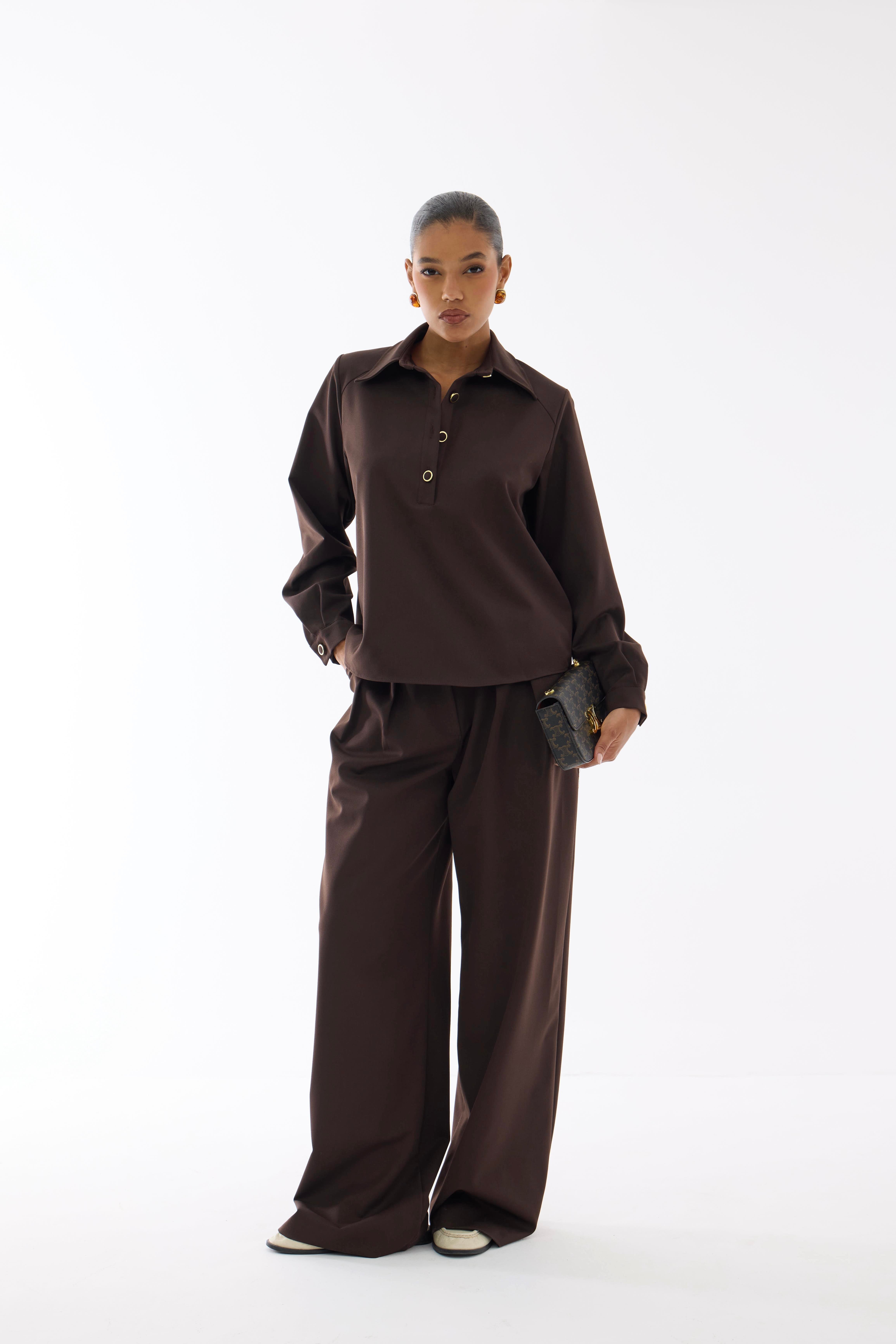 Premium Polo Yaka Kahverengi Bluz